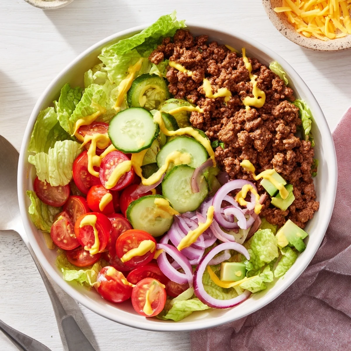 Deconstructed cheeseburger bowl featuring spiced ground beef avocado slices red onion and tangy homemade dressing