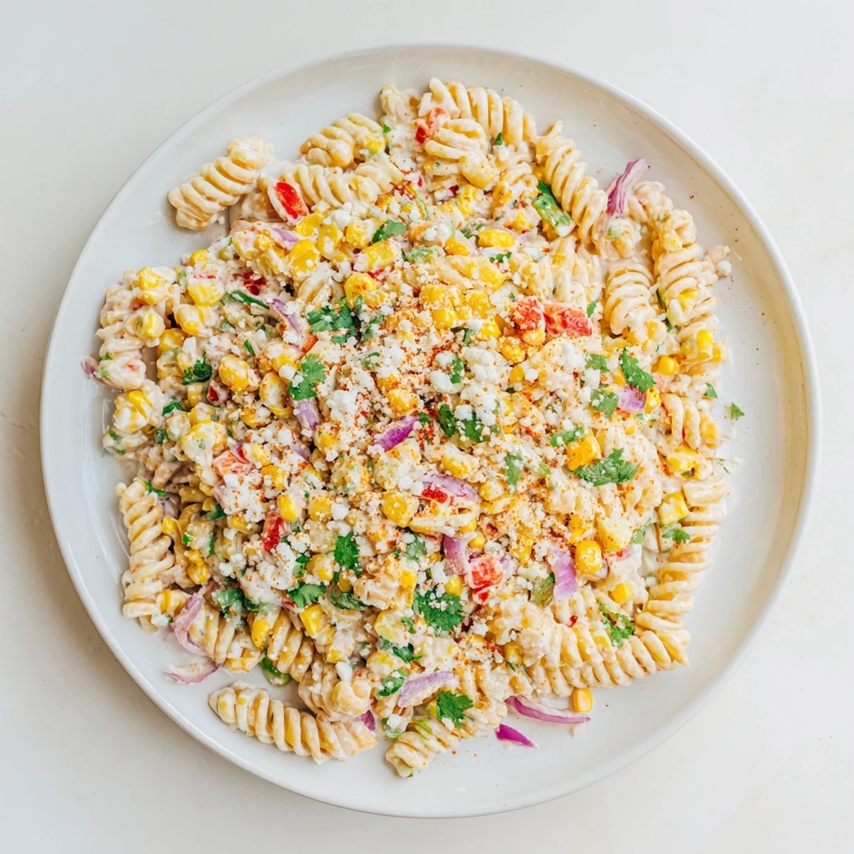 Close up of Mexican street corn pasta salad featuring grilled corn kernels, red bell peppers and crumbly white cheese topping