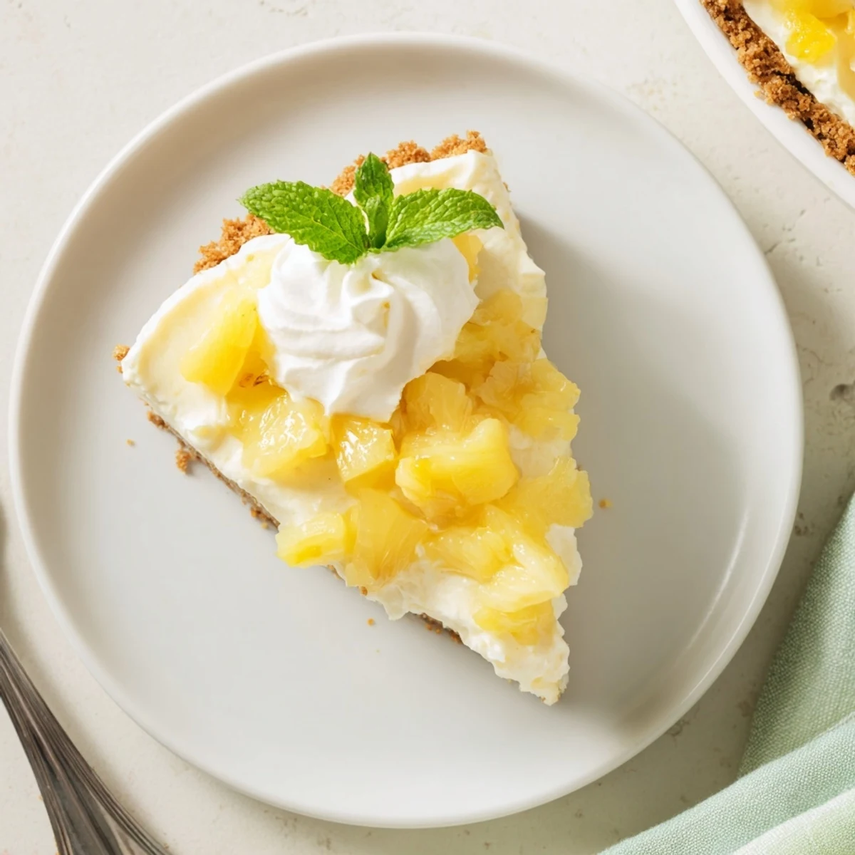 Creamy no bake pineapple cheesecake slice topped with crushed pineapple and fresh mint garnish