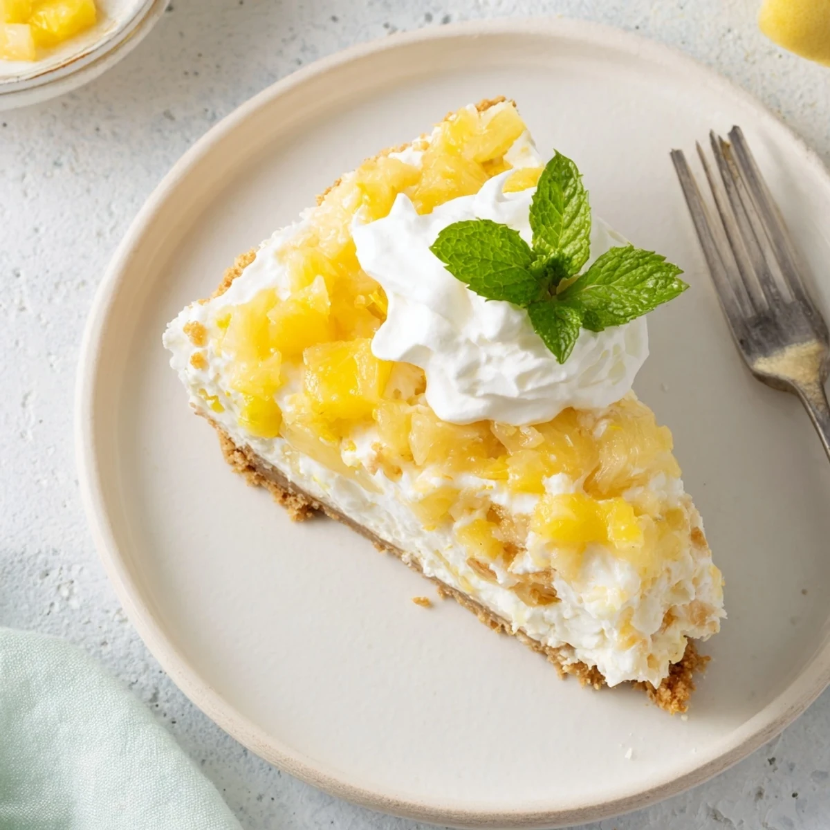 Golden graham cracker crust supporting smooth pineapple cheesecake on white serving plate