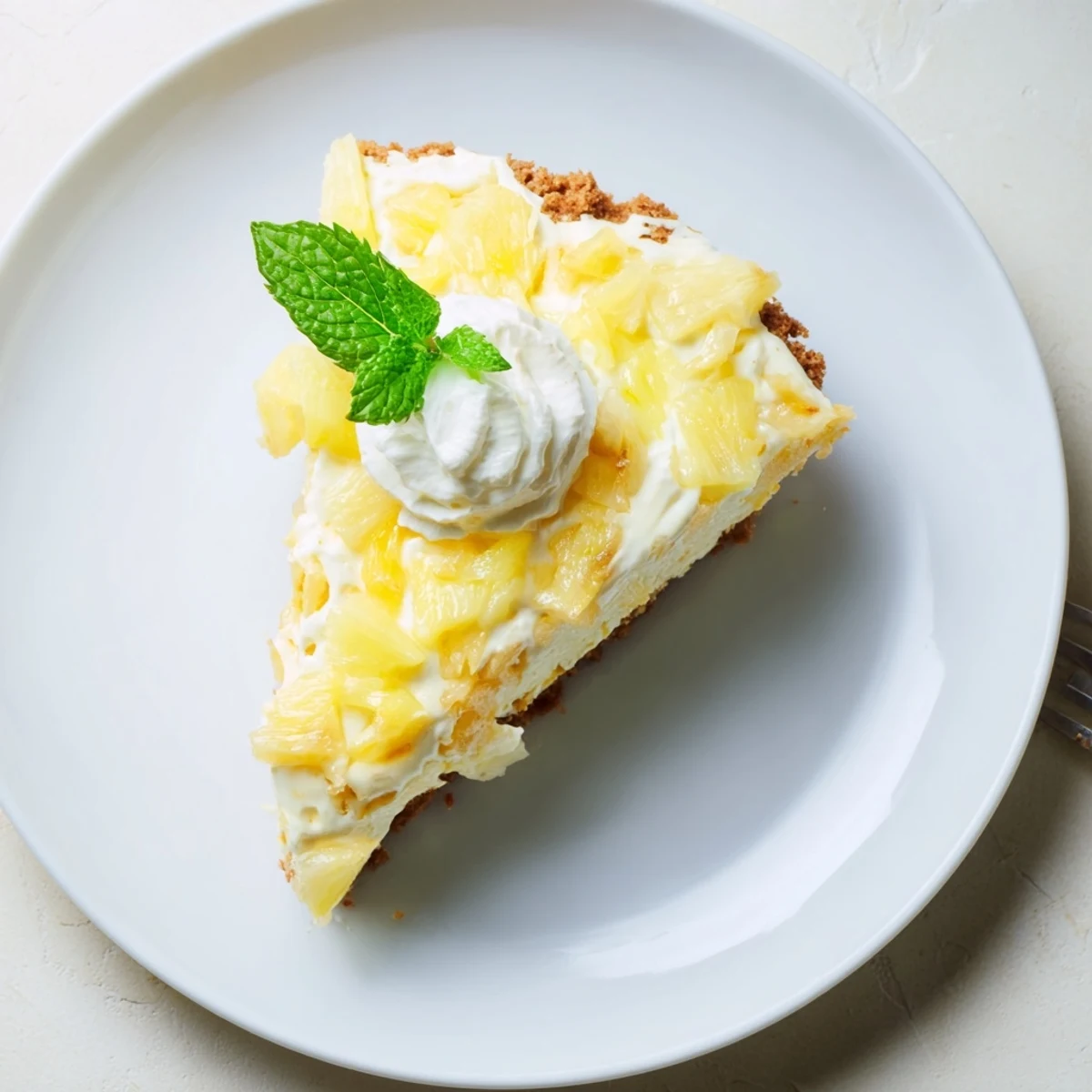 Summer dessert featuring light and fluffy no bake pineapple cheesecake with tropical fruit topping