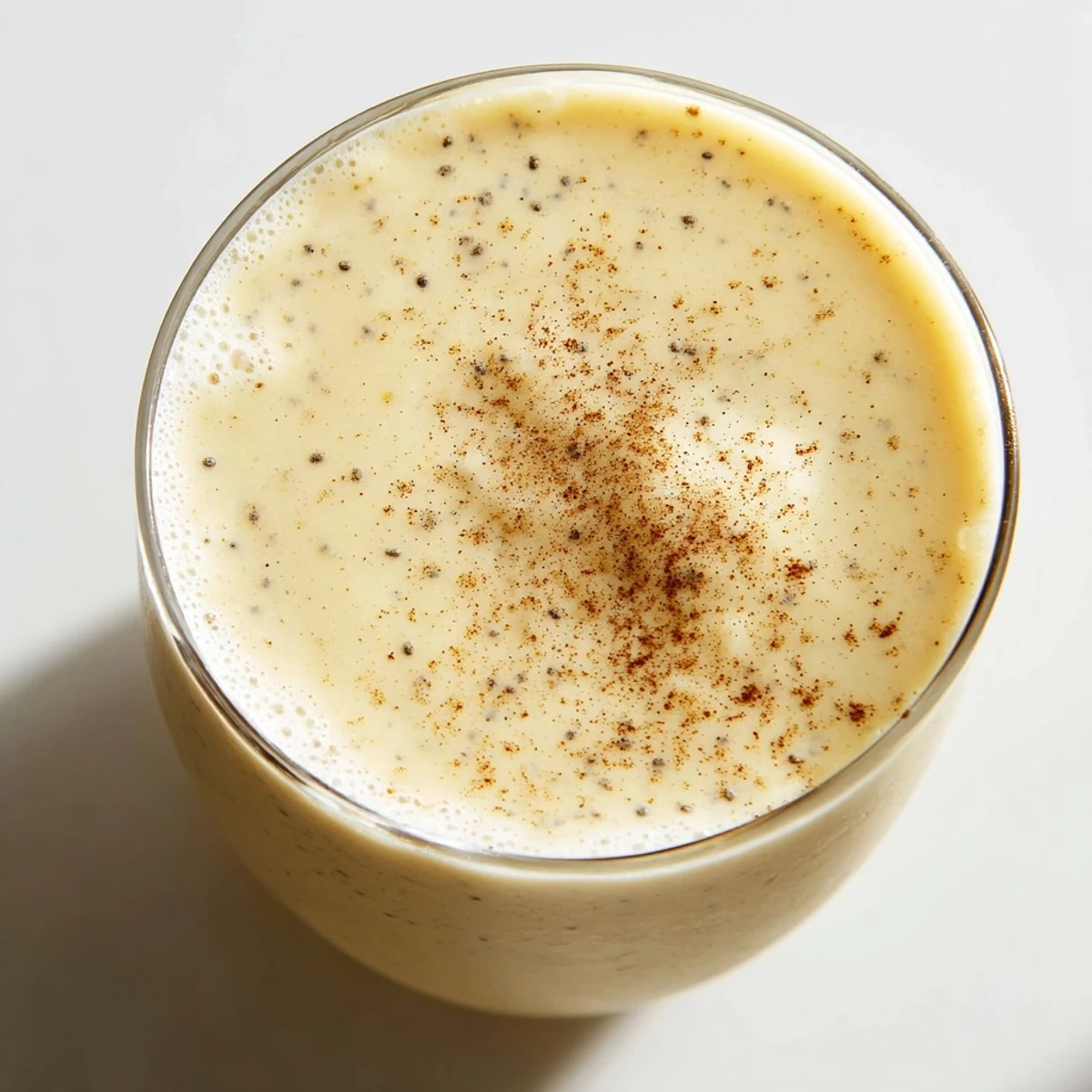 Golden Greek yogurt banana smoothie topped with a sprinkle of cinnamon and chia seeds in a clear glass