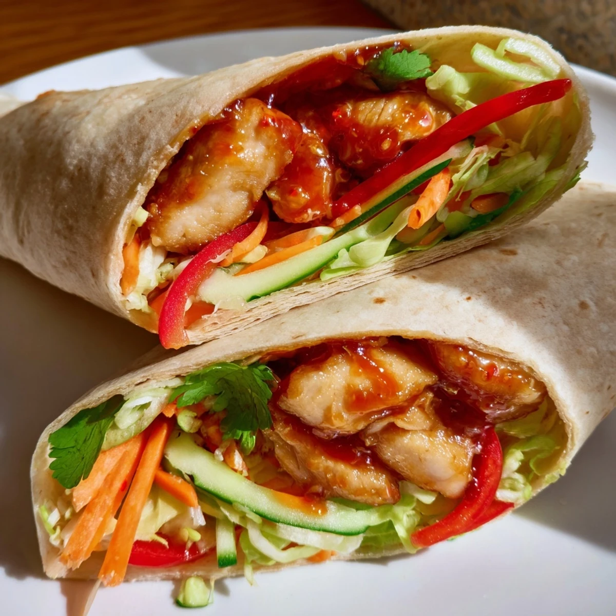 Golden sweet chili chicken wrapped in soft tortilla with crisp colorful vegetables and fresh cilantro garnish