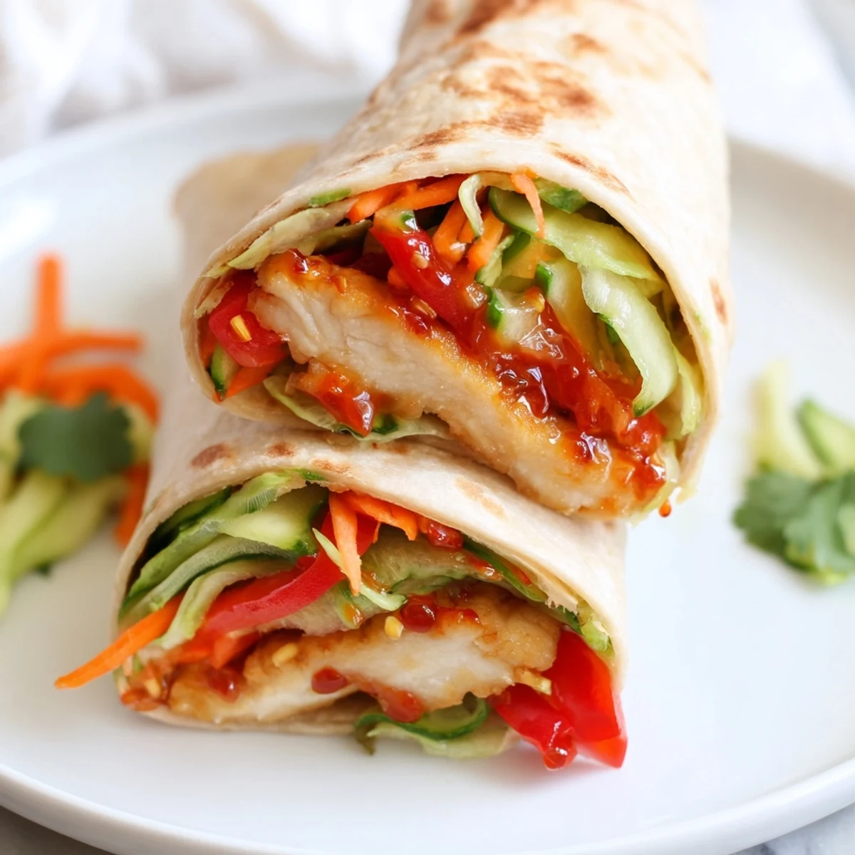 Easy sweet chili chicken wraps sliced in half revealing vibrant lettuce carrots and bell pepper filling