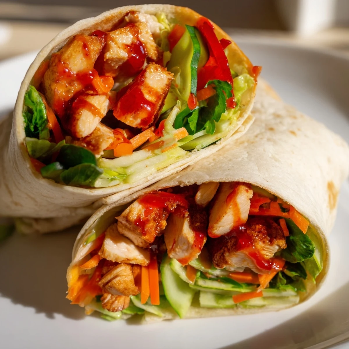 Homemade sweet chili chicken wraps featuring marinated tender strips and crunchy veggies in warm flour tortillas