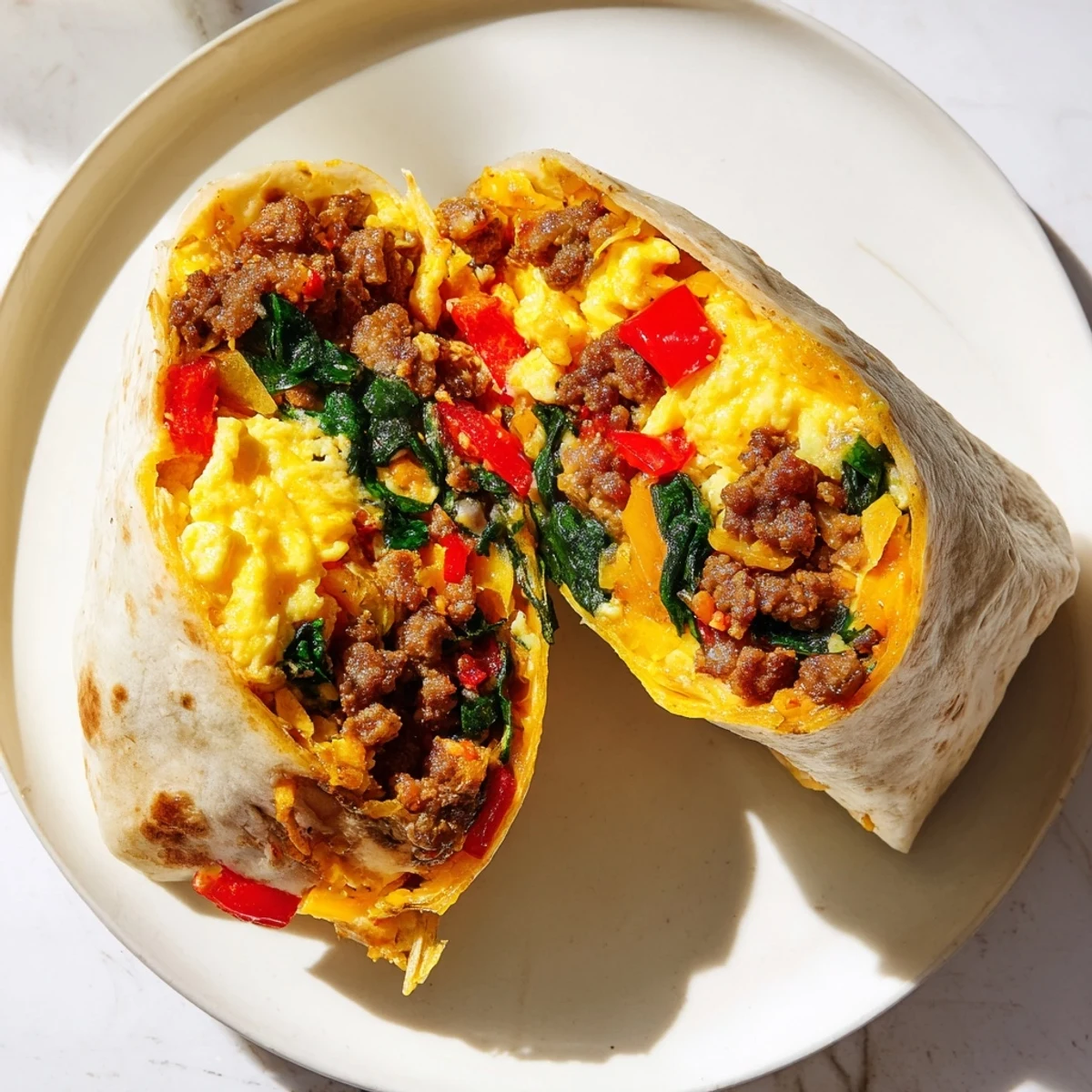 Flavorful breakfast burritos stuffed with scrambled eggs, sausage, peppers, and spinach ready for freezing