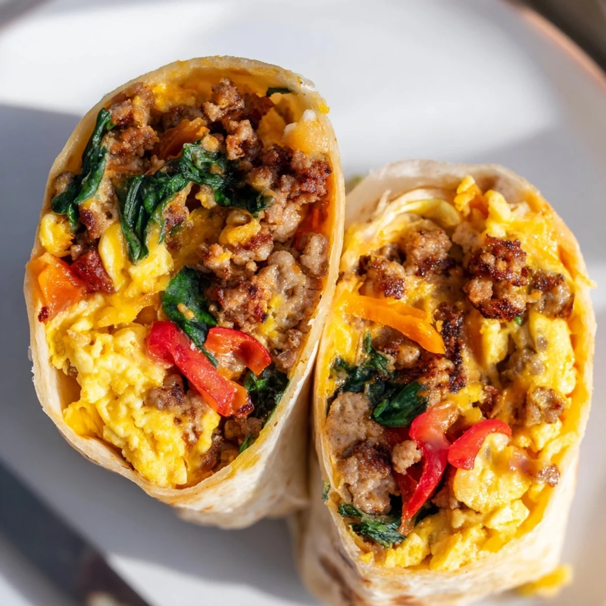 Hearty breakfast burritos filled with savory egg mixture and cheese, perfect for grab-and-go mornings