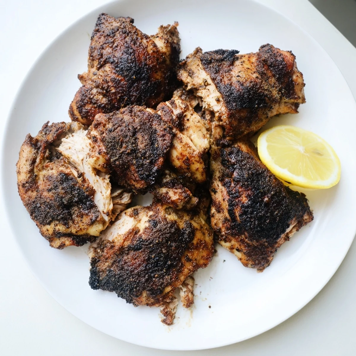 Golden blackened chicken breast with dark Cajun spice crust, fresh lemon wedges alongside