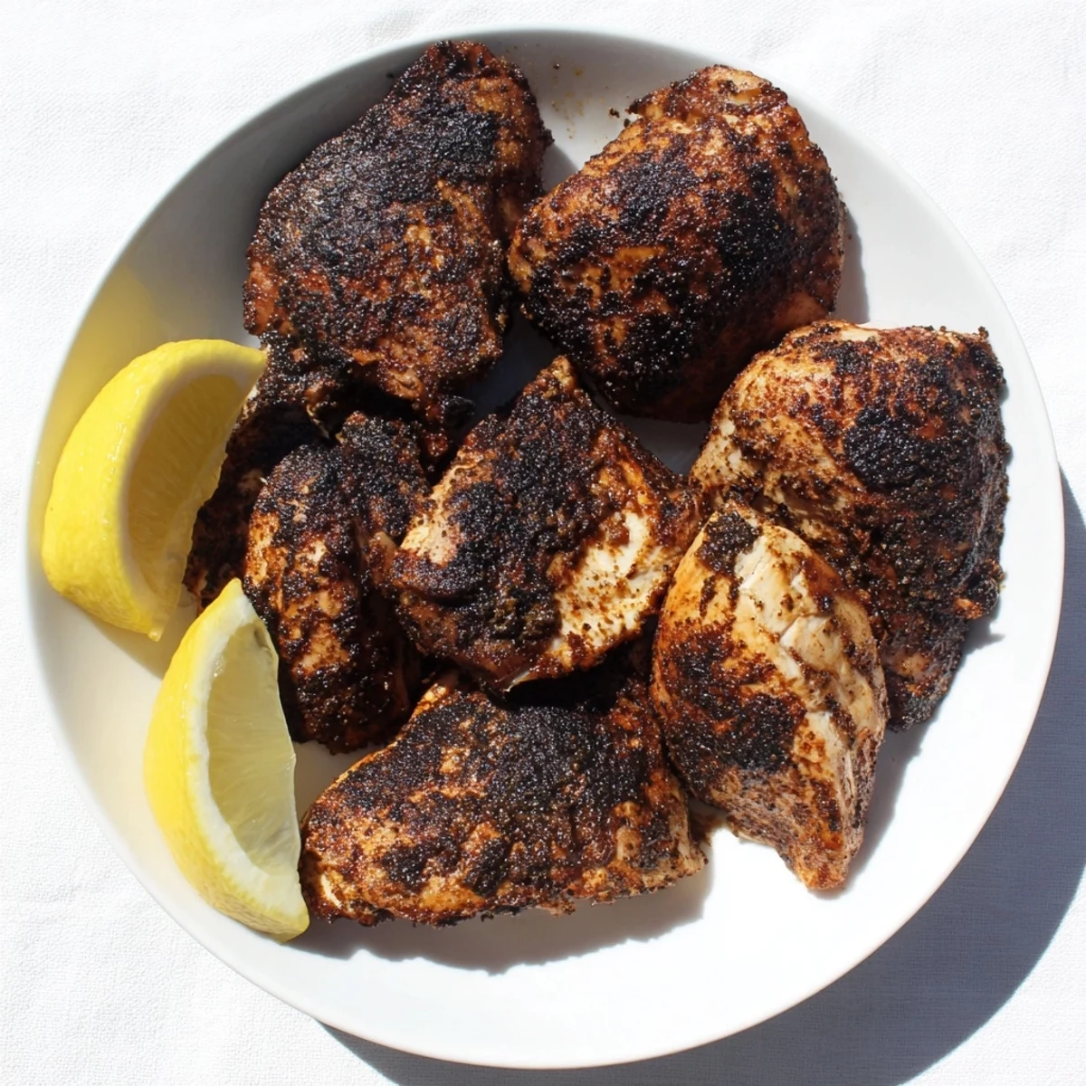 Crispy seared blackened chicken breast with caramelized spice coating on white plate