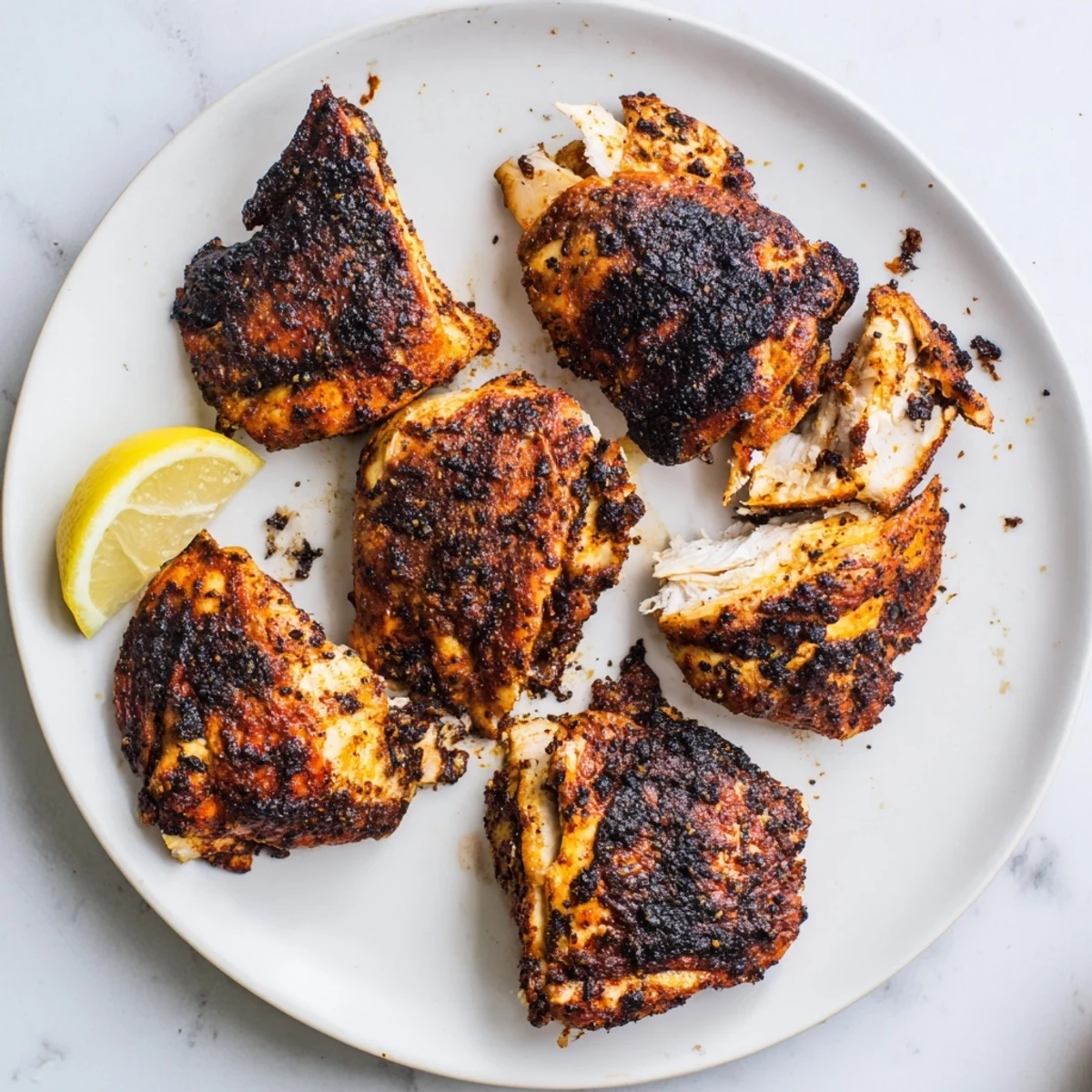 Juicy blackened chicken sliced open showing moist interior with smoky paprika seasoning