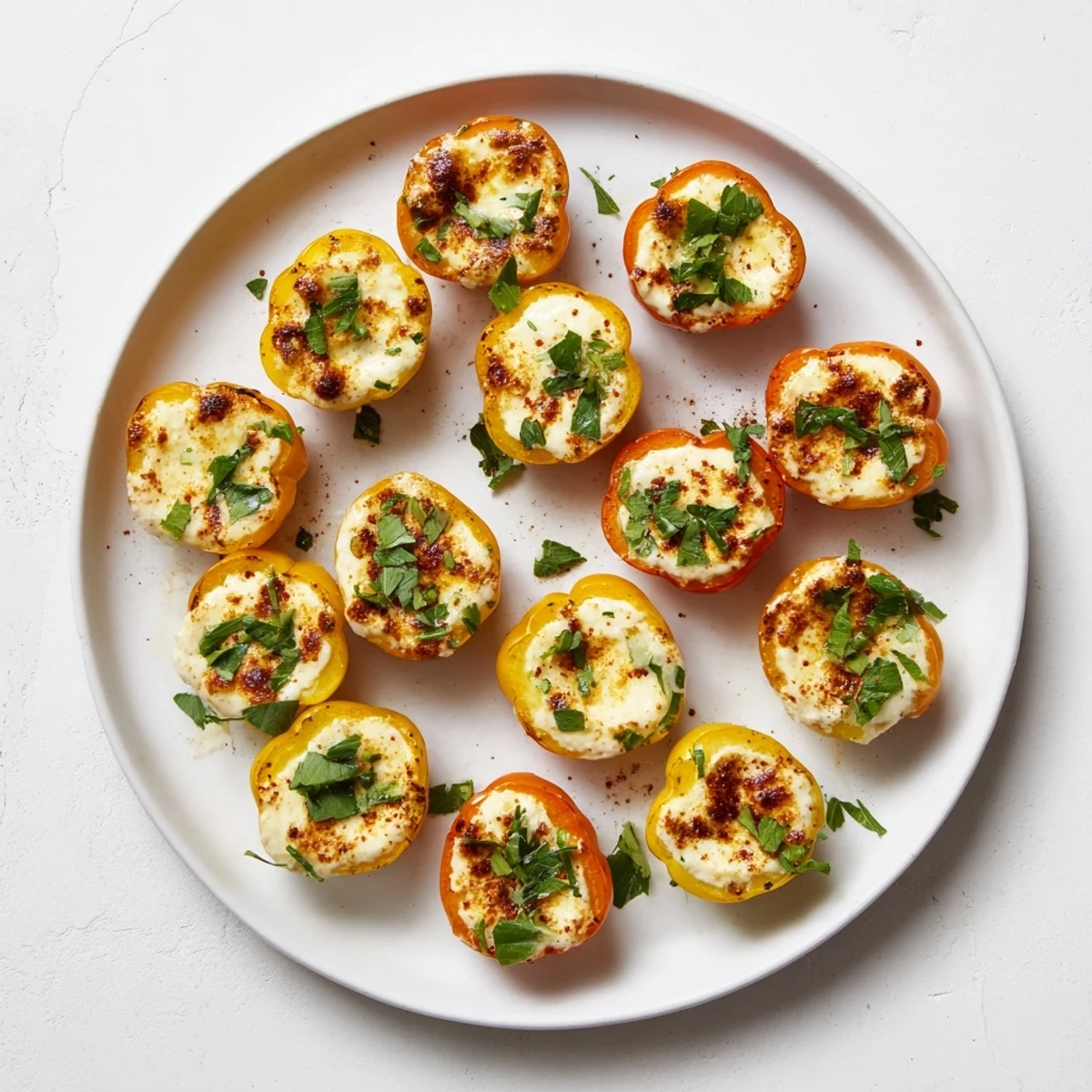 Golden air fryer cream cheese stuffed mini peppers arranged on a serving platter with fresh parsley garnish