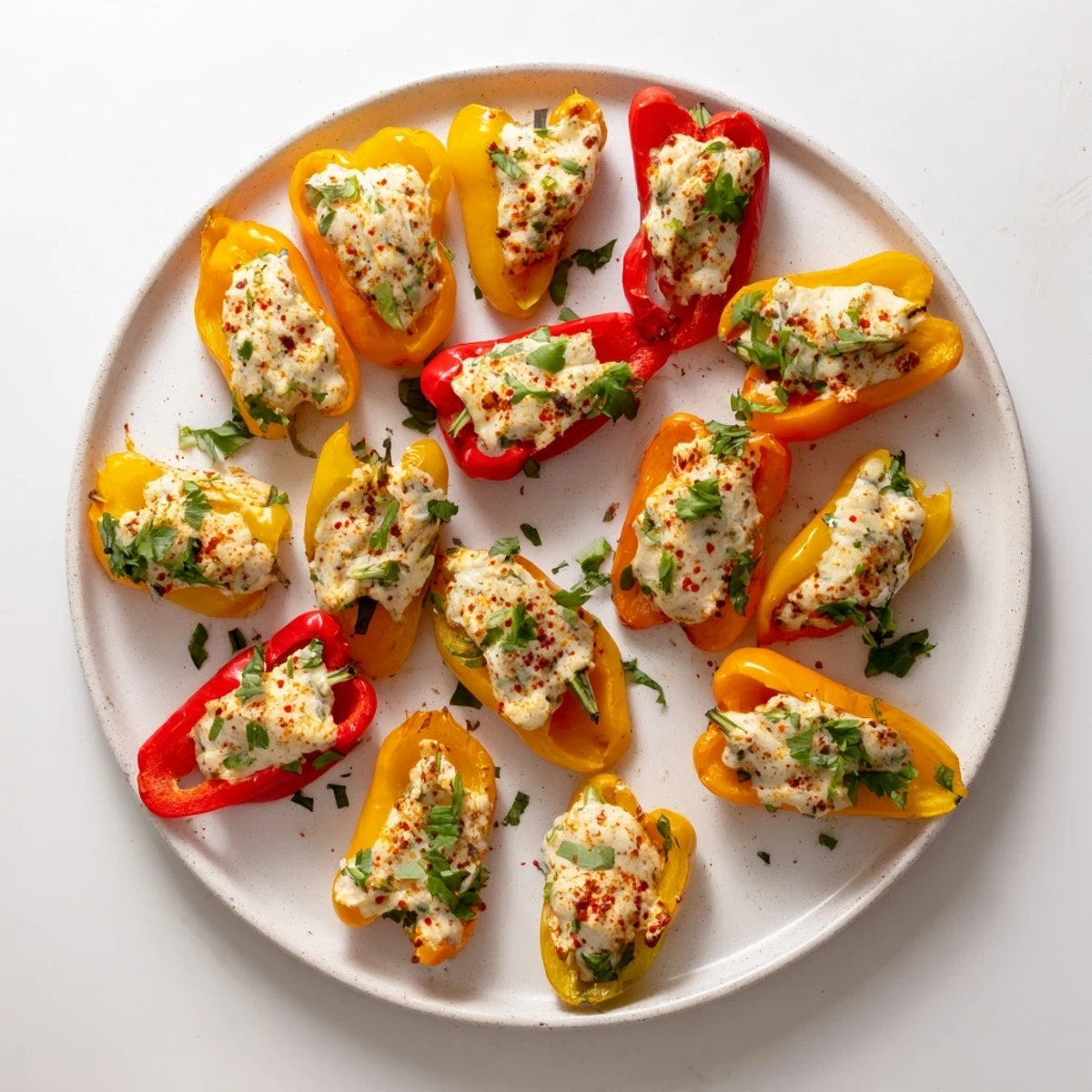 Colorful mini sweet peppers filled with creamy cheese mixture roasted to tender perfection in air fryer basket