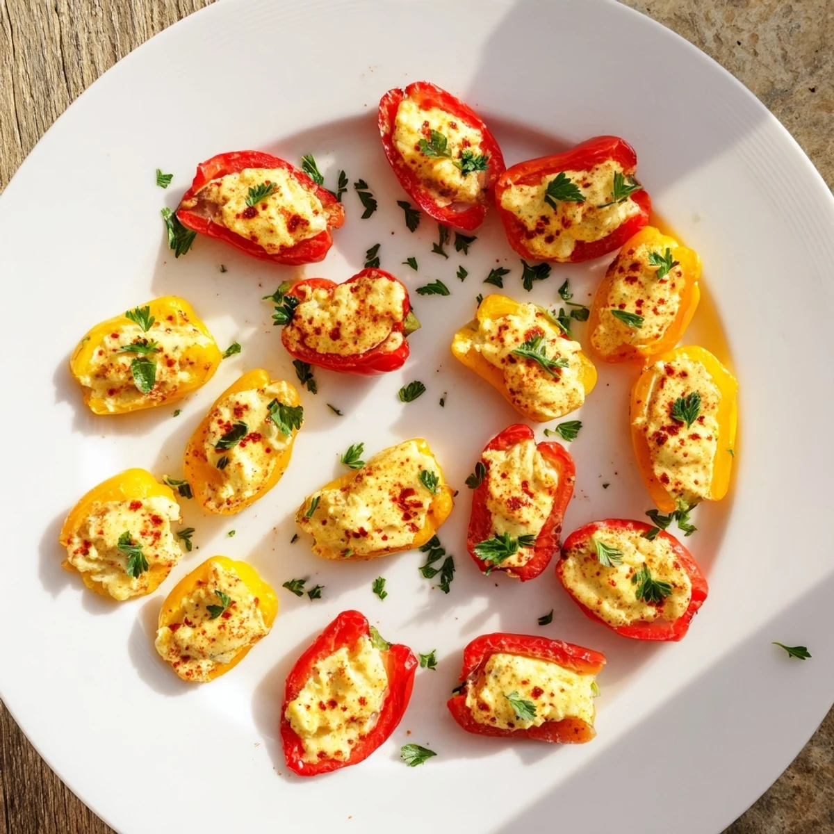 Close-up of vegetarian stuffed mini peppers with melted cheddar and Parmesan filling after air frying