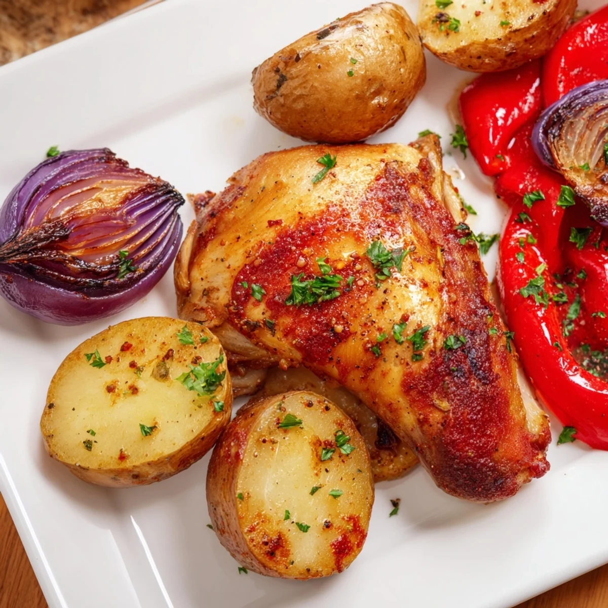 Succulent chicken thighs nestled among crispy potatoes and bell peppers on a baking sheet