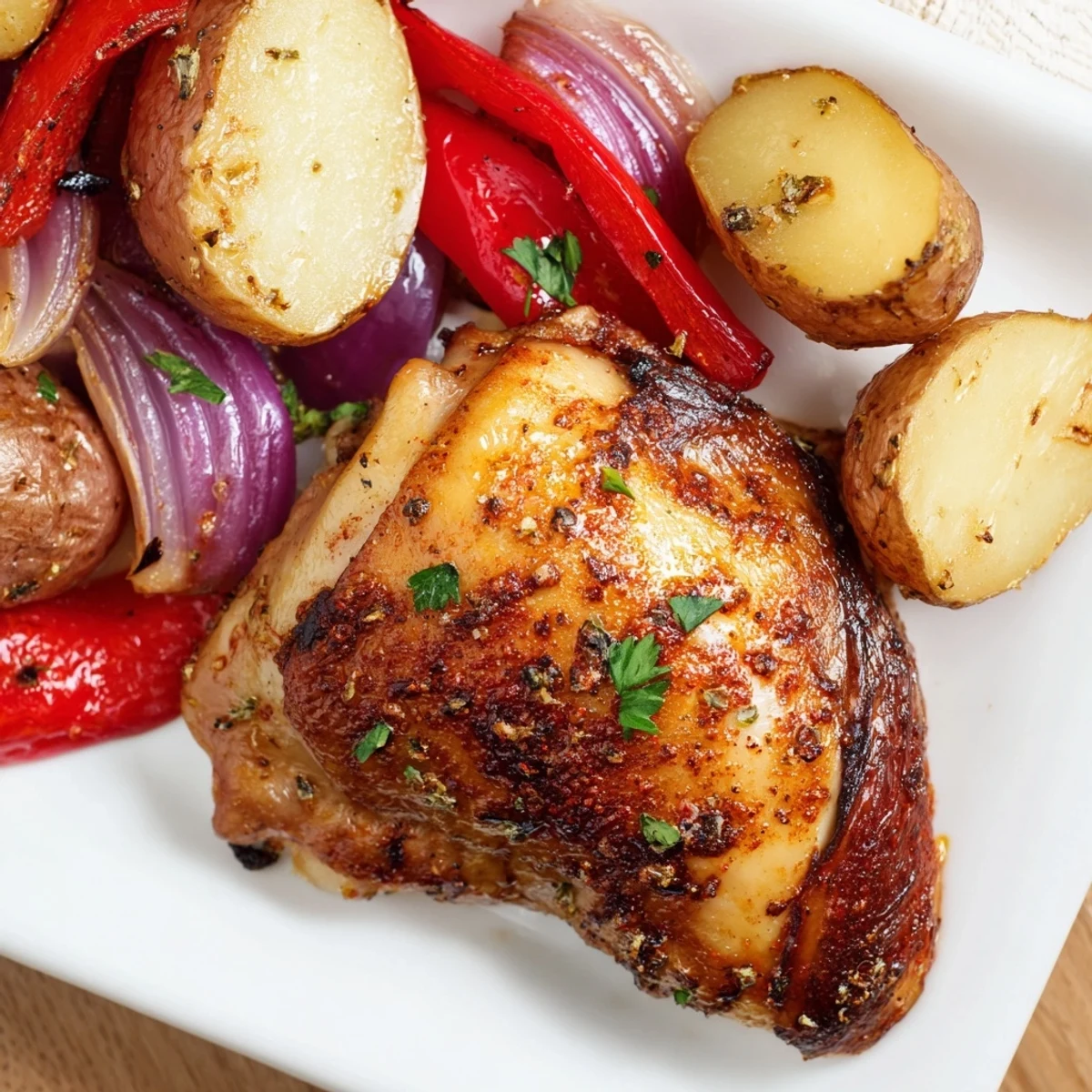 Golden sheet pan chicken and potatoes roasted with colorful vegetables and fresh herbs