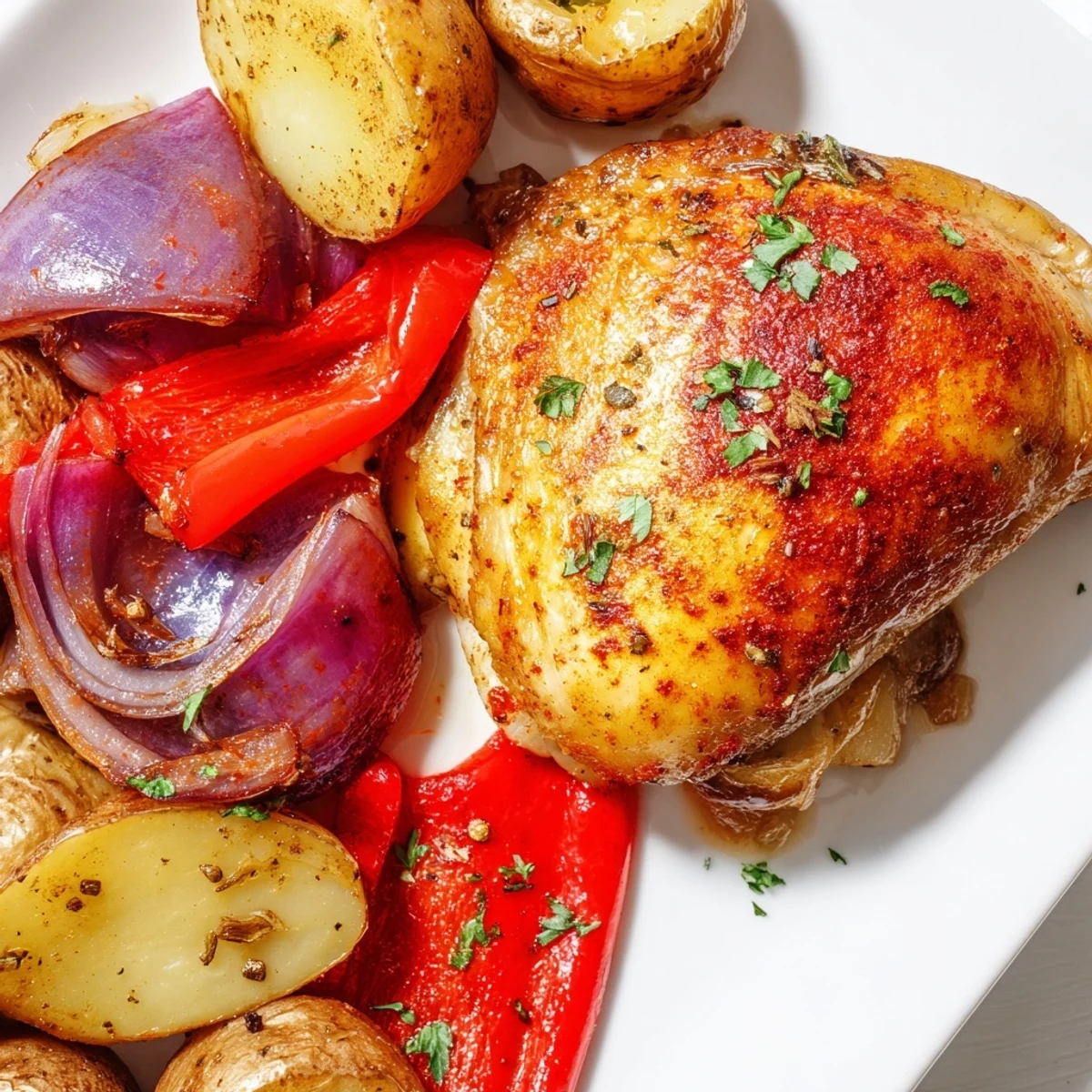 Easy one-pan dinner featuring juicy roasted chicken with tender vegetables and aromatic seasoning