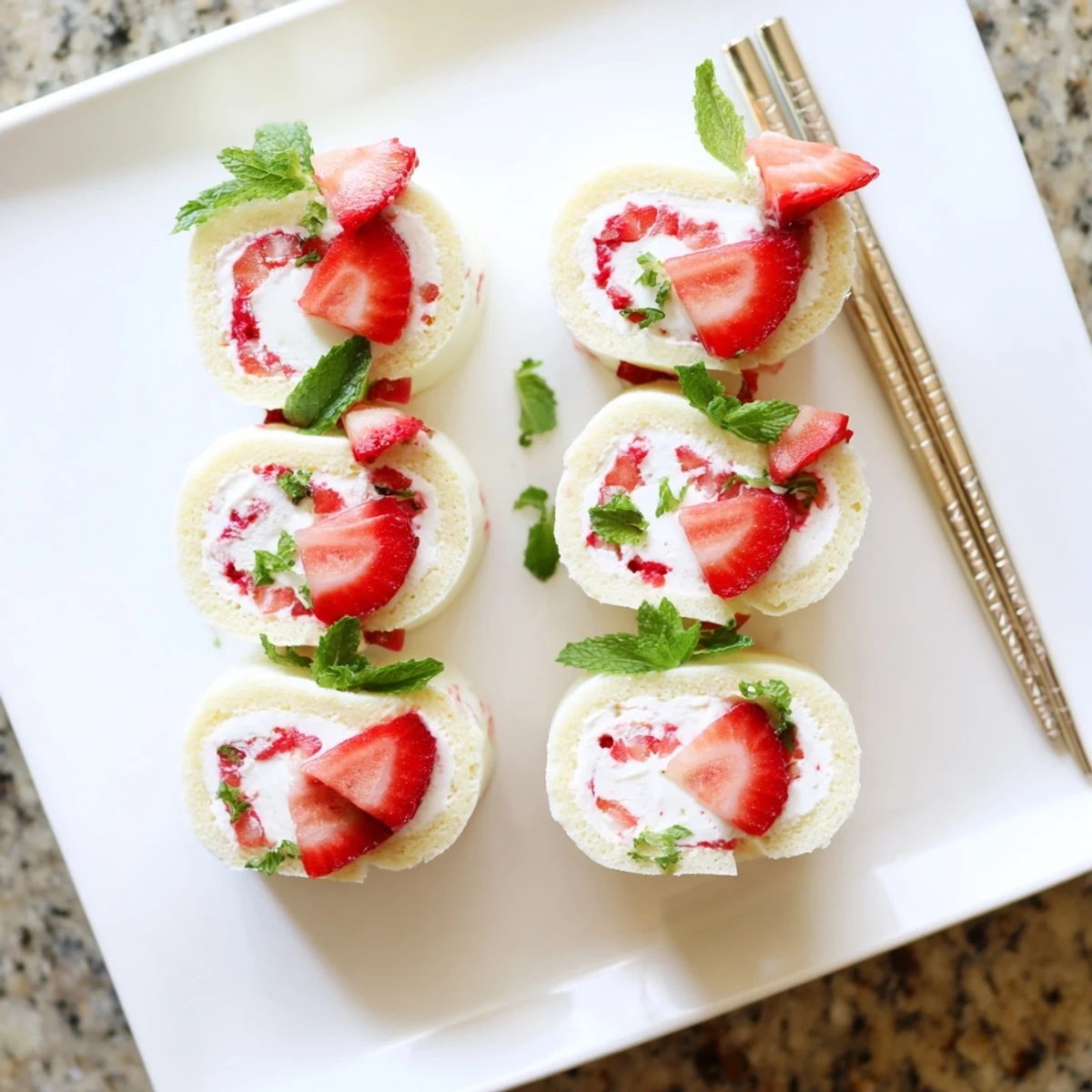 Golden vanilla cake rolls filled with whipped cream and fresh diced strawberries resembling sushi pieces