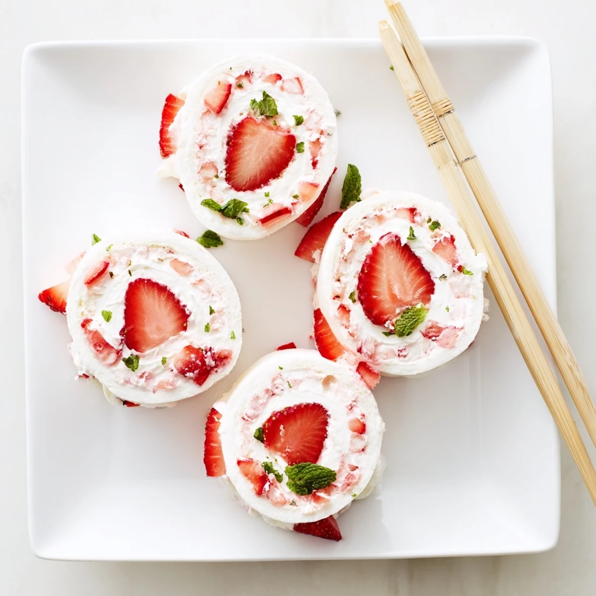 Playful strawberry shortcake sushi featuring sweet strawberry slices atop cream-filled vanilla cake rolls