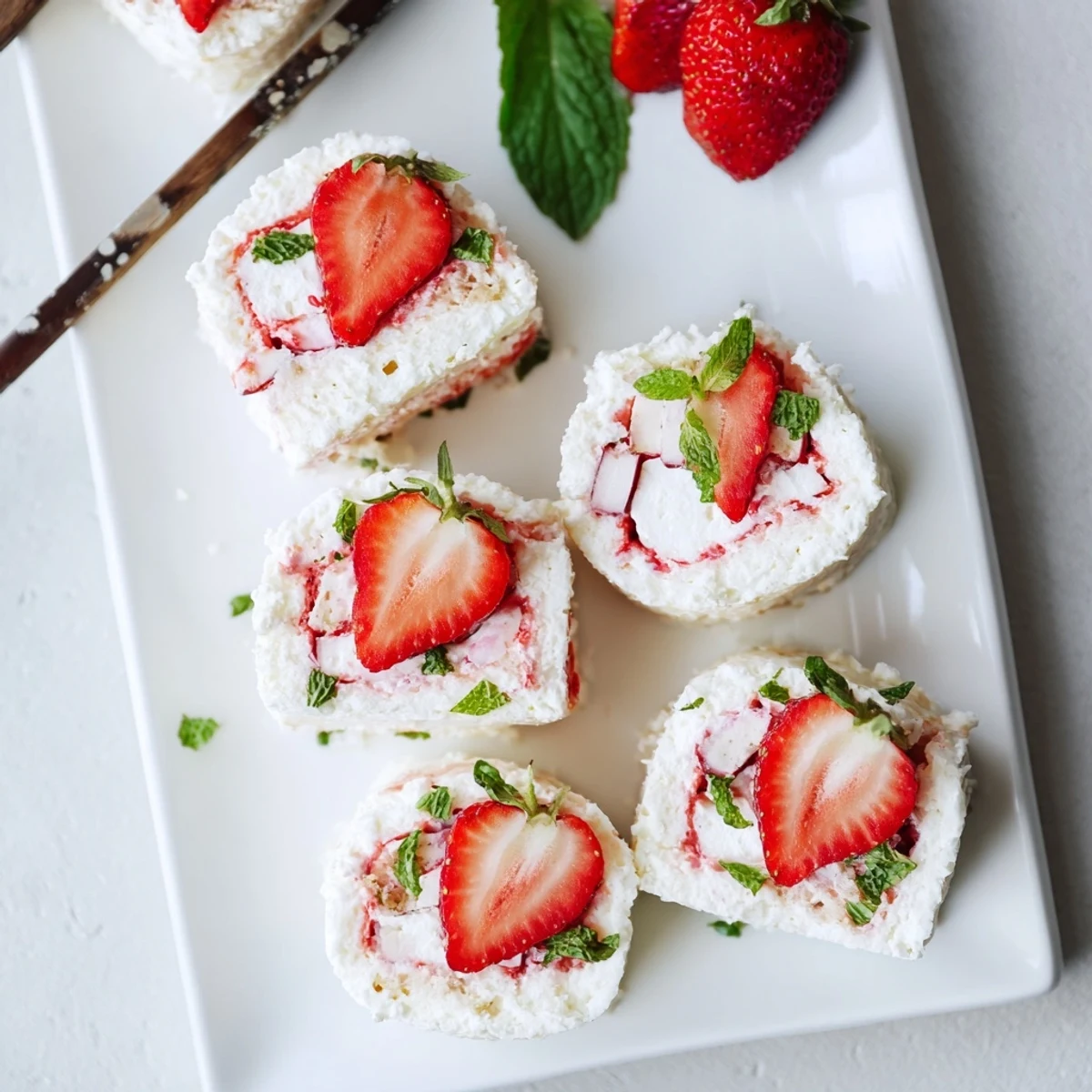 Elegant dessert sushi with fluffy vanilla cake, fresh strawberries, and mint garnish on white plate