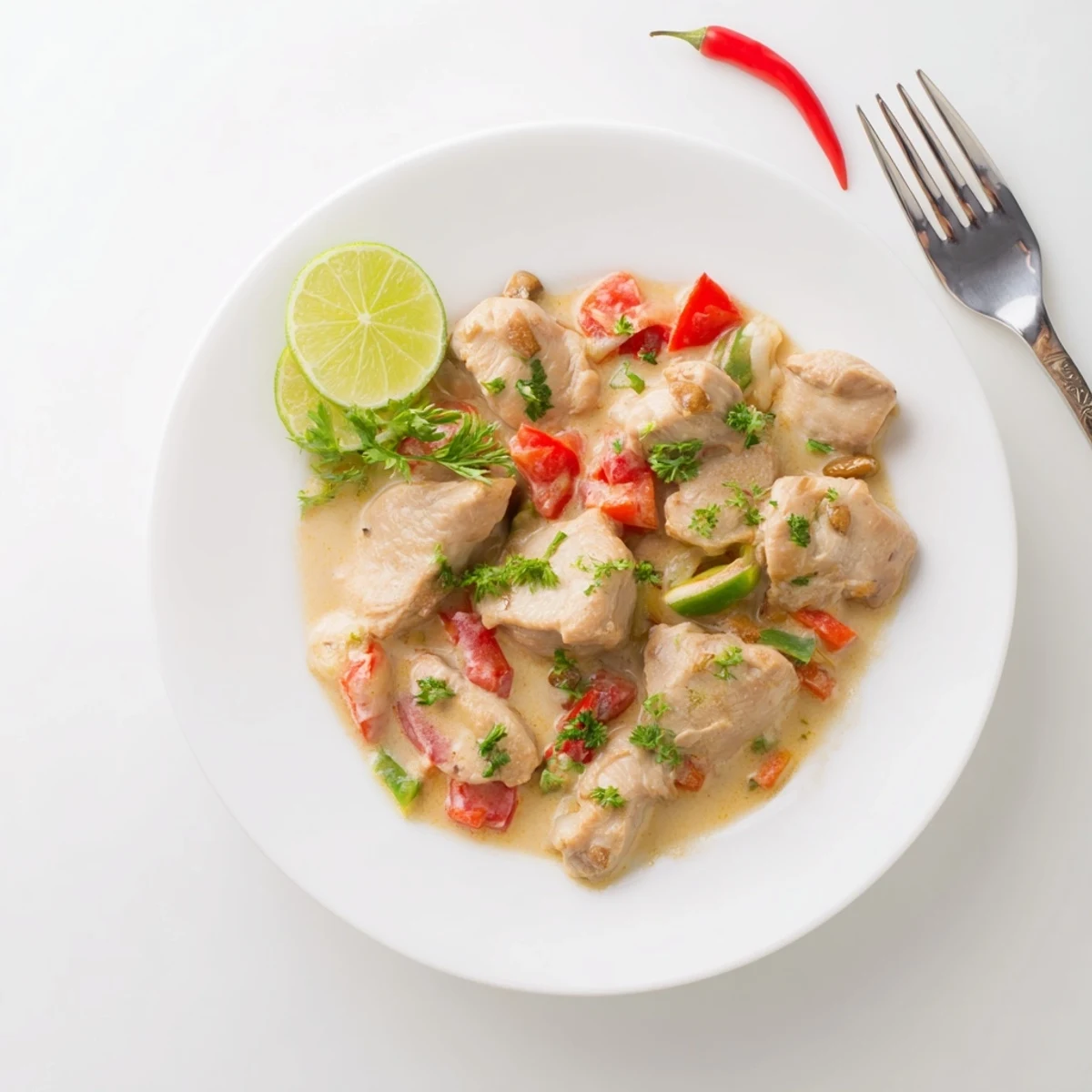 Golden chicken thighs simmered in a creamy spicy Brazilian coconut sauce with vibrant diced peppers