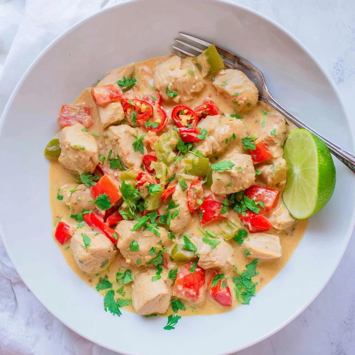 Tender chunks of spiced chicken braised in red coconut milk sauce with colorful vegetables