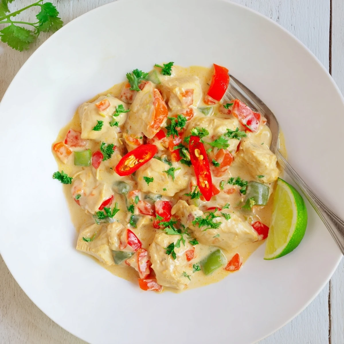 Rich coconut curry-style chicken dish garnished with fresh cilantro and served with lime wedges