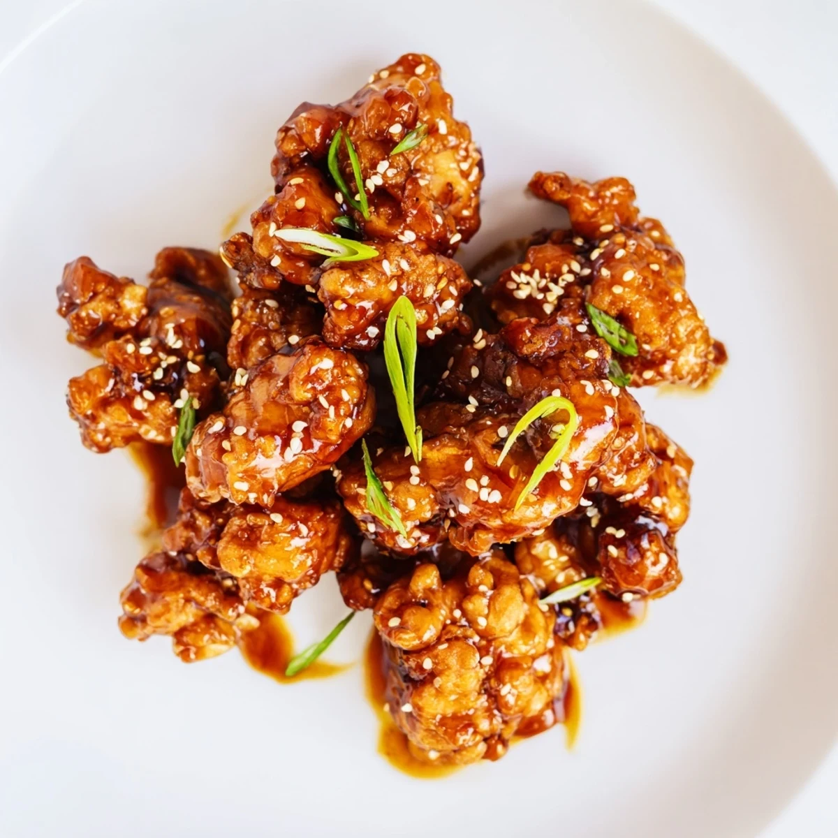 Golden brown Mongolian chicken pieces coated in a glossy brown sugar and soy sauce glaze