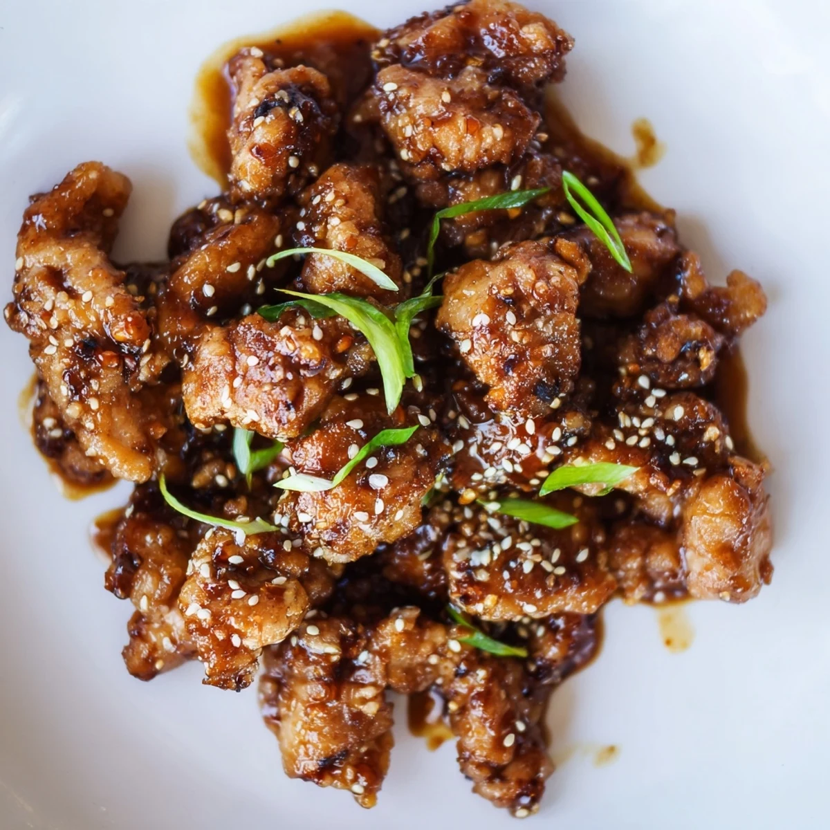 Savory Mongolian chicken tossed in thick garlic ginger sauce with red chili flakes