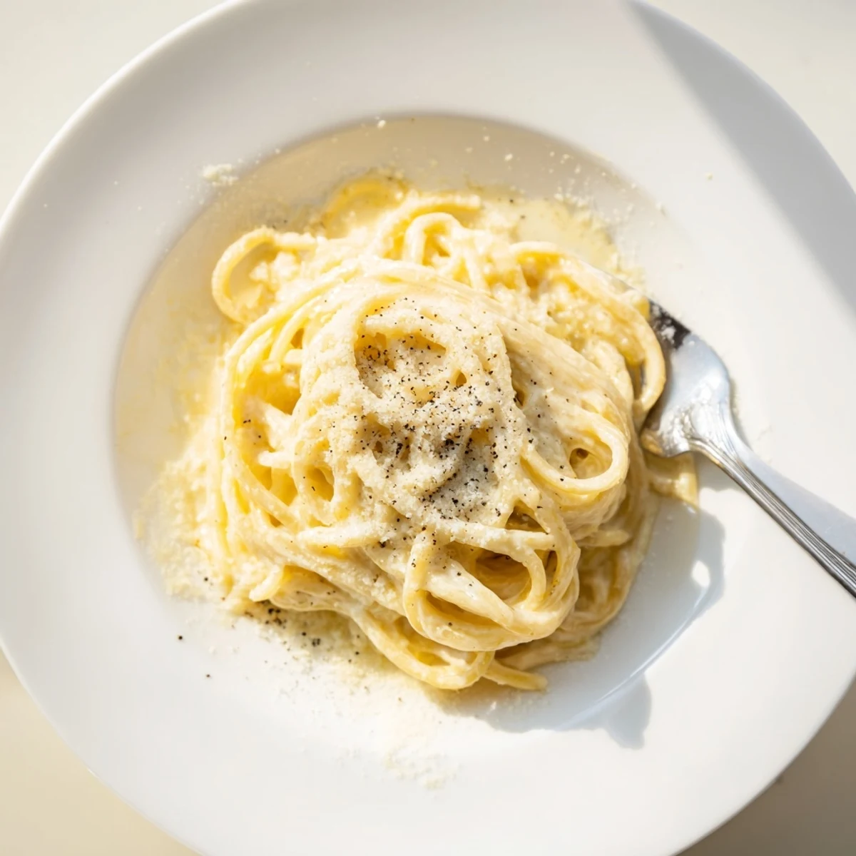Creamy cacio e pepe pasta coated in silky Pecorino Romano sauce with freshly ground black pepper