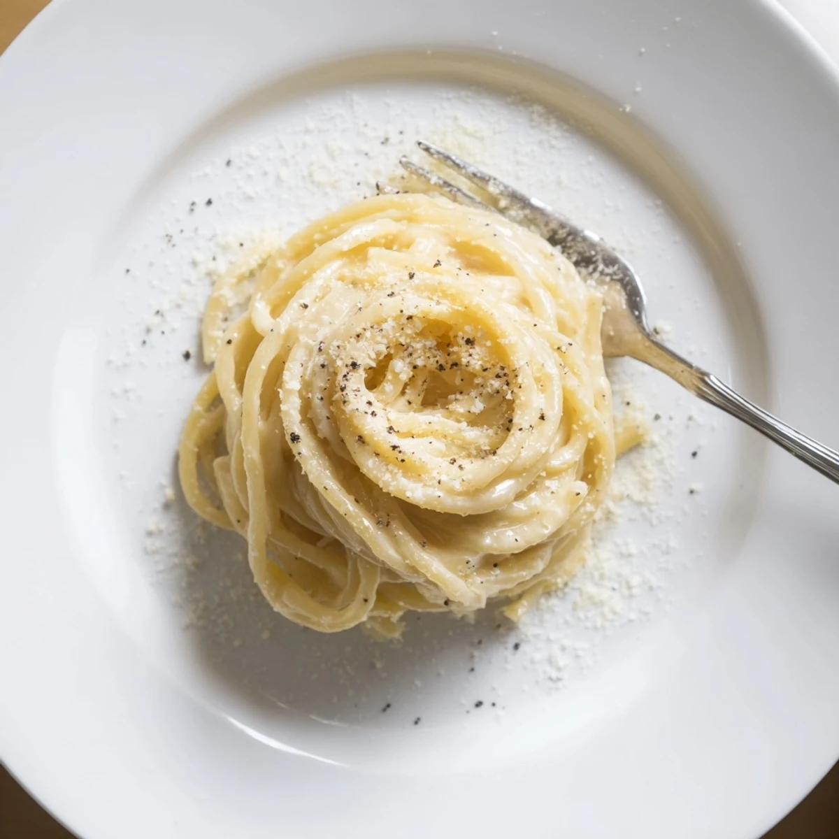 Golden strands of cacio e pepe pasta tossed with melted cheese and fragrant cracked pepper