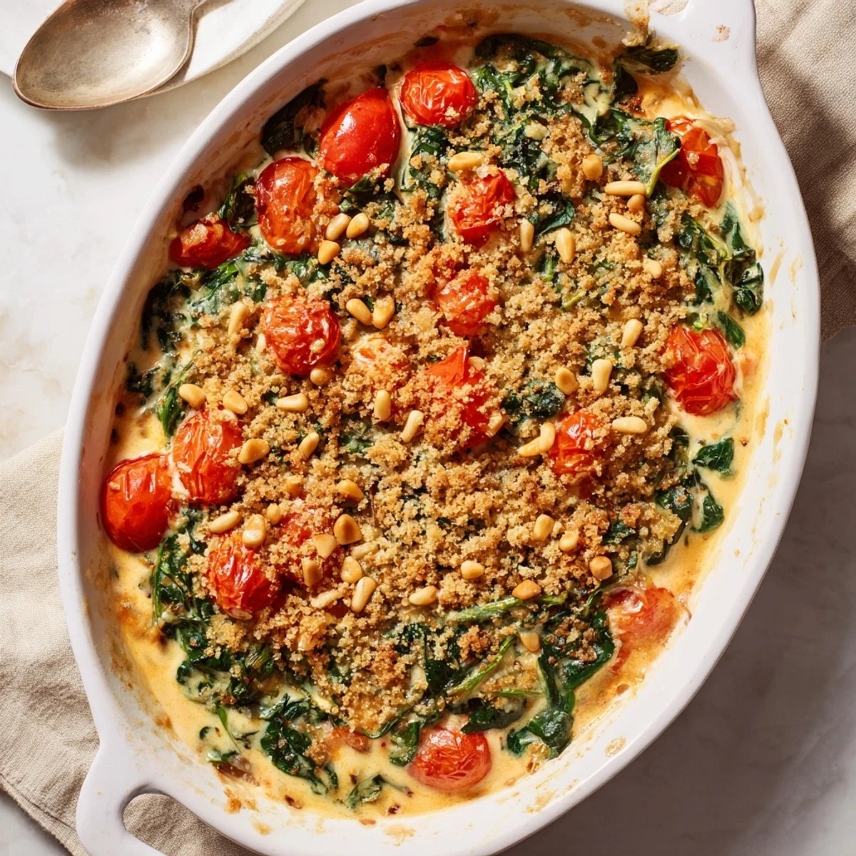Golden creamy tomato spinach and pine nut bake fresh from the oven with bubbling cheese