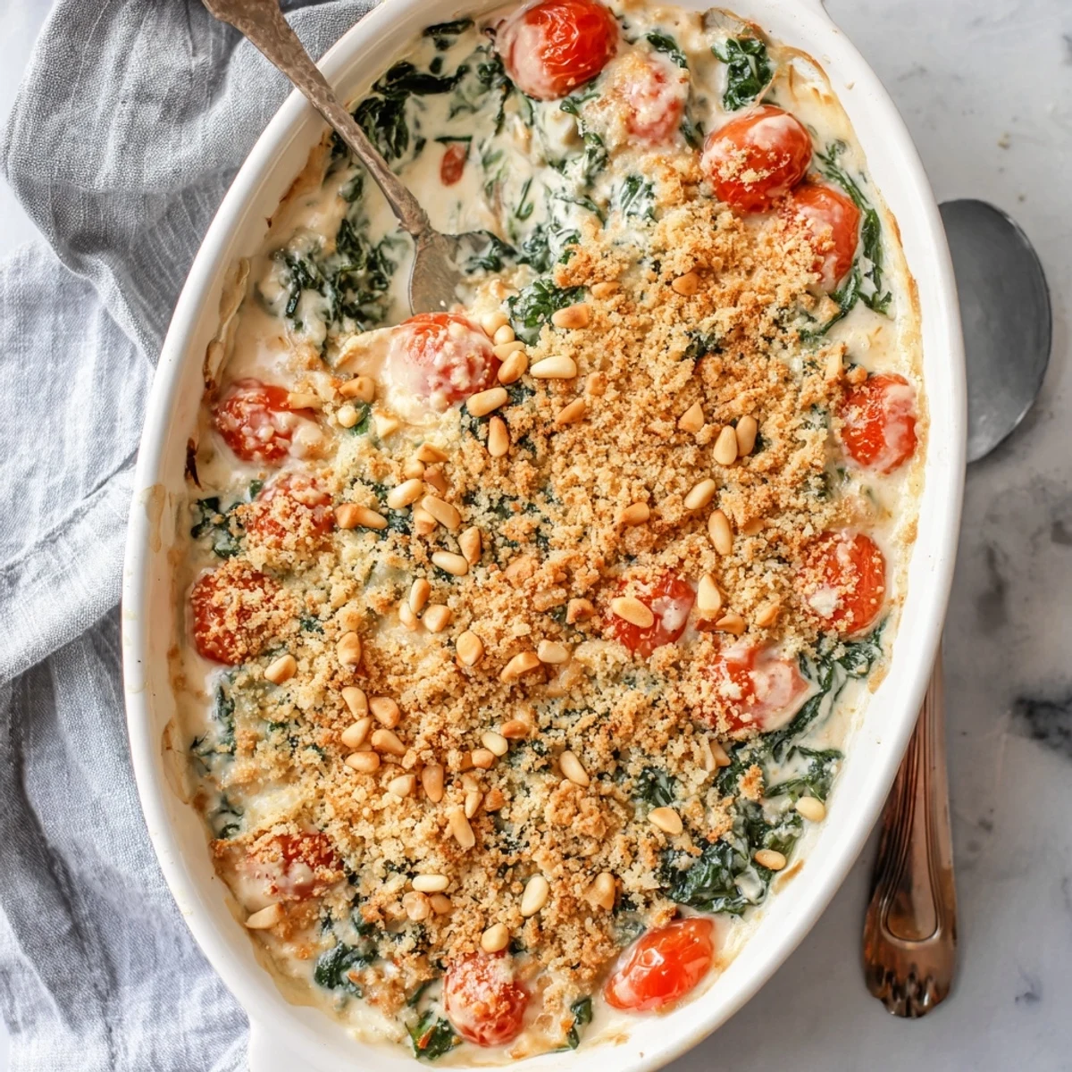 Vegetarian Mediterranean casserole layered with wilted spinach cherry tomatoes and toasted pine nuts in cream sauce