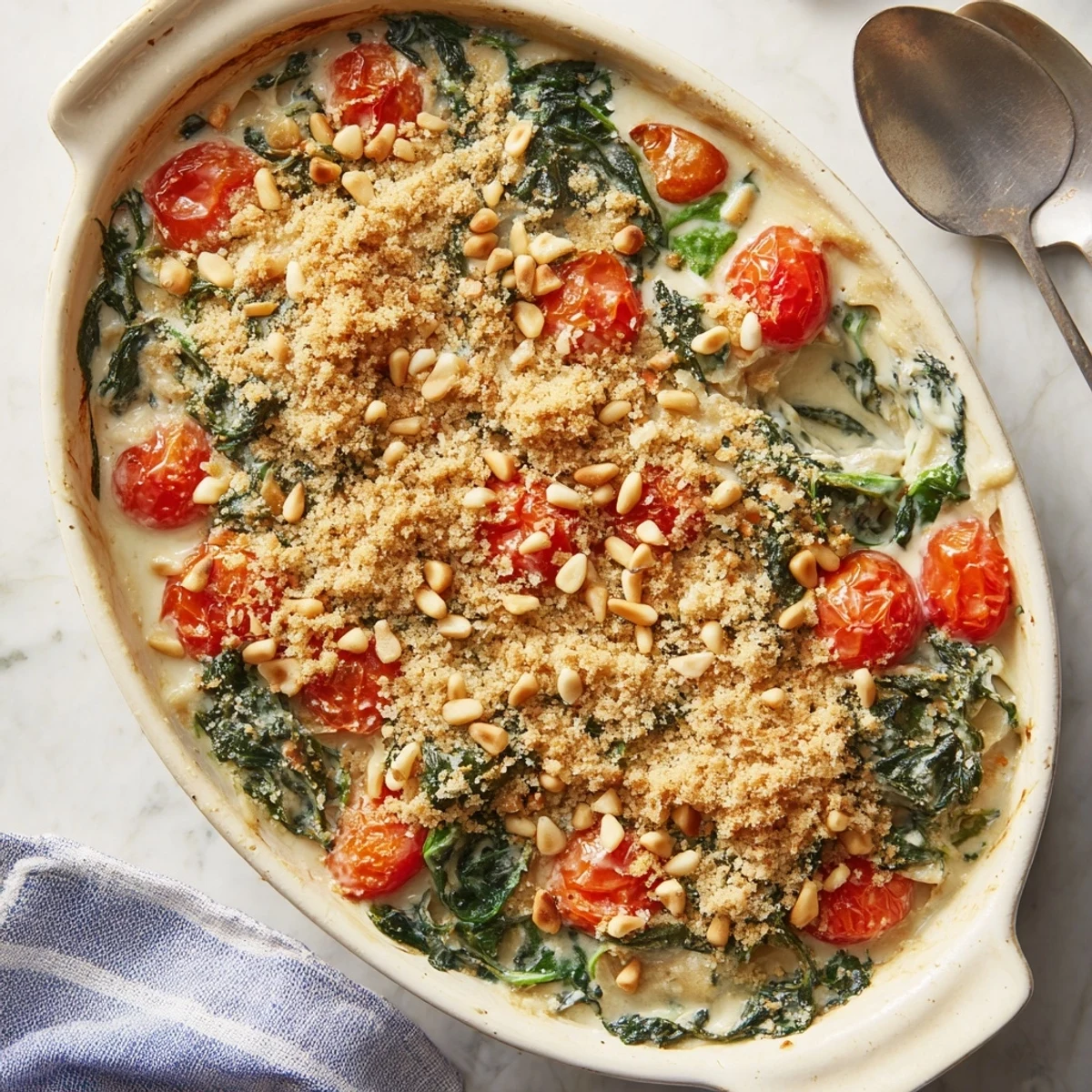 Creamy tomato spinach and pine nut bake served in a baking dish with golden breadcrumb topping