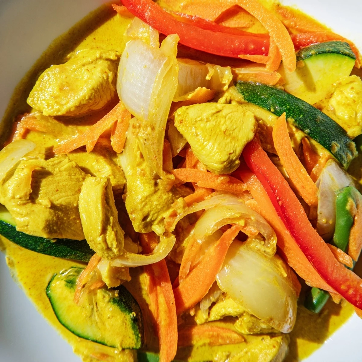 Golden yellow jungle chicken curry simmered with colorful vegetables in creamy coconut sauce