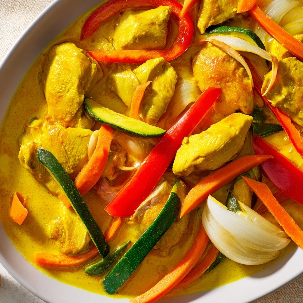 Tender chicken pieces in aromatic yellow jungle curry with bell peppers and zucchini slices
