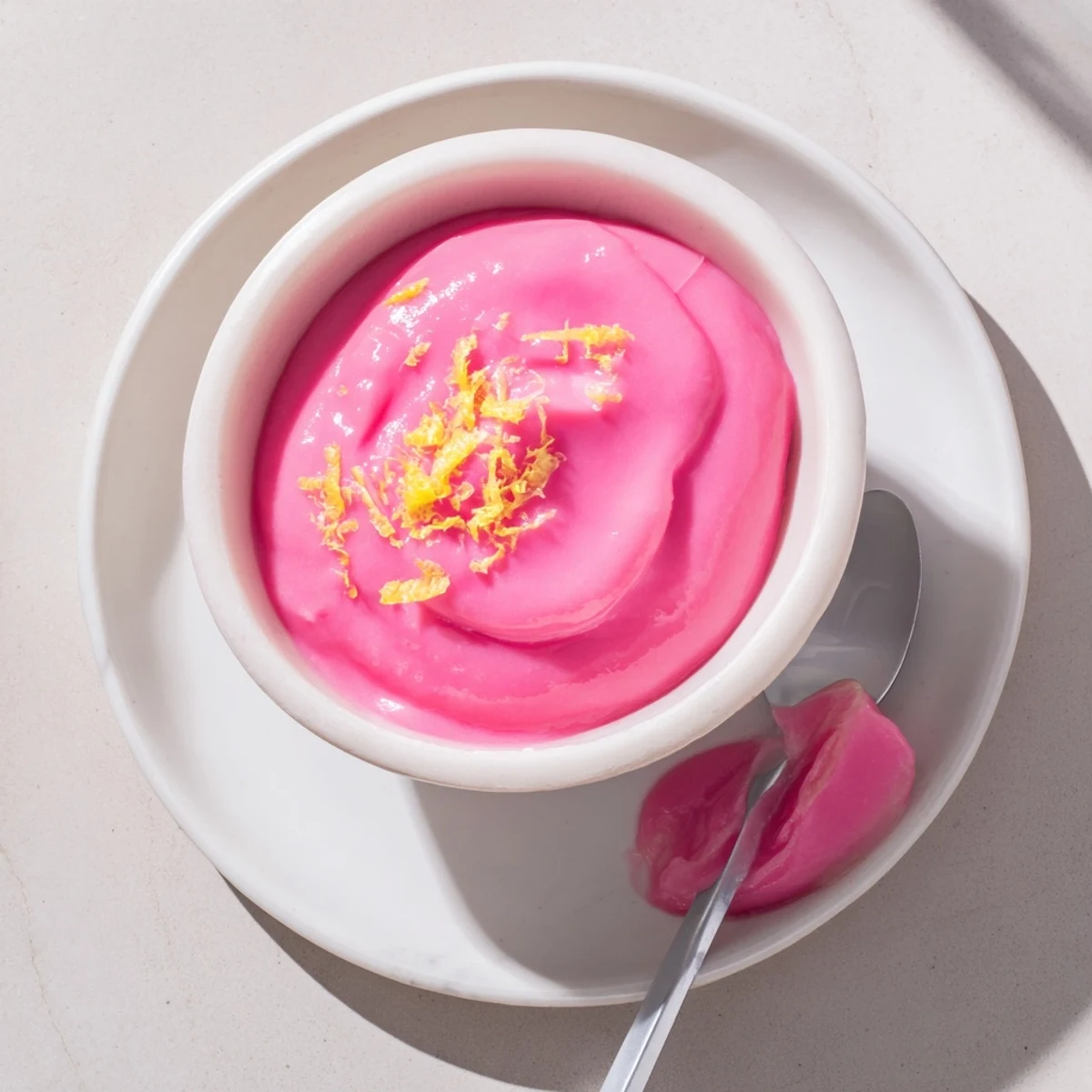 Silky smooth pink lemon curd spread generously onto a freshly baked scone