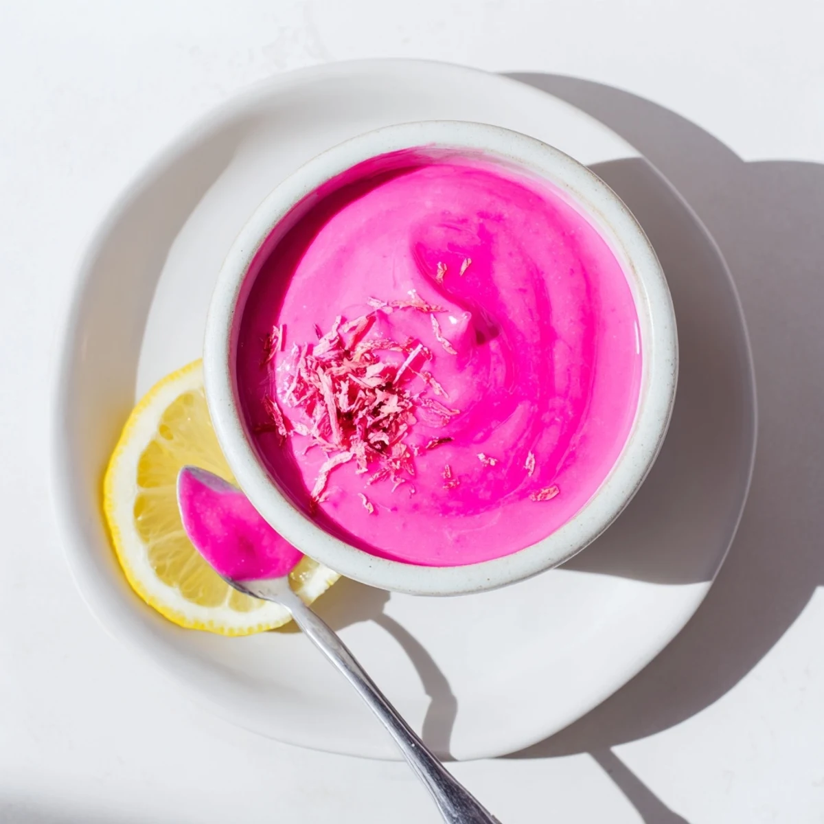 Creamy homemade pink lemon curd with vibrant blush hue spooned into a glass jar