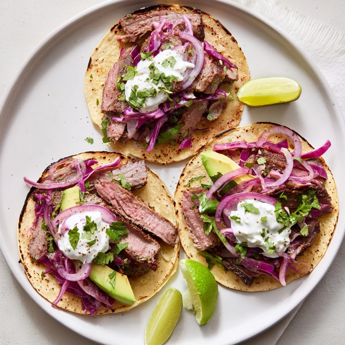 Spice rubbed leg of lamb tacos topped with fresh avocado cabbage and cilantro