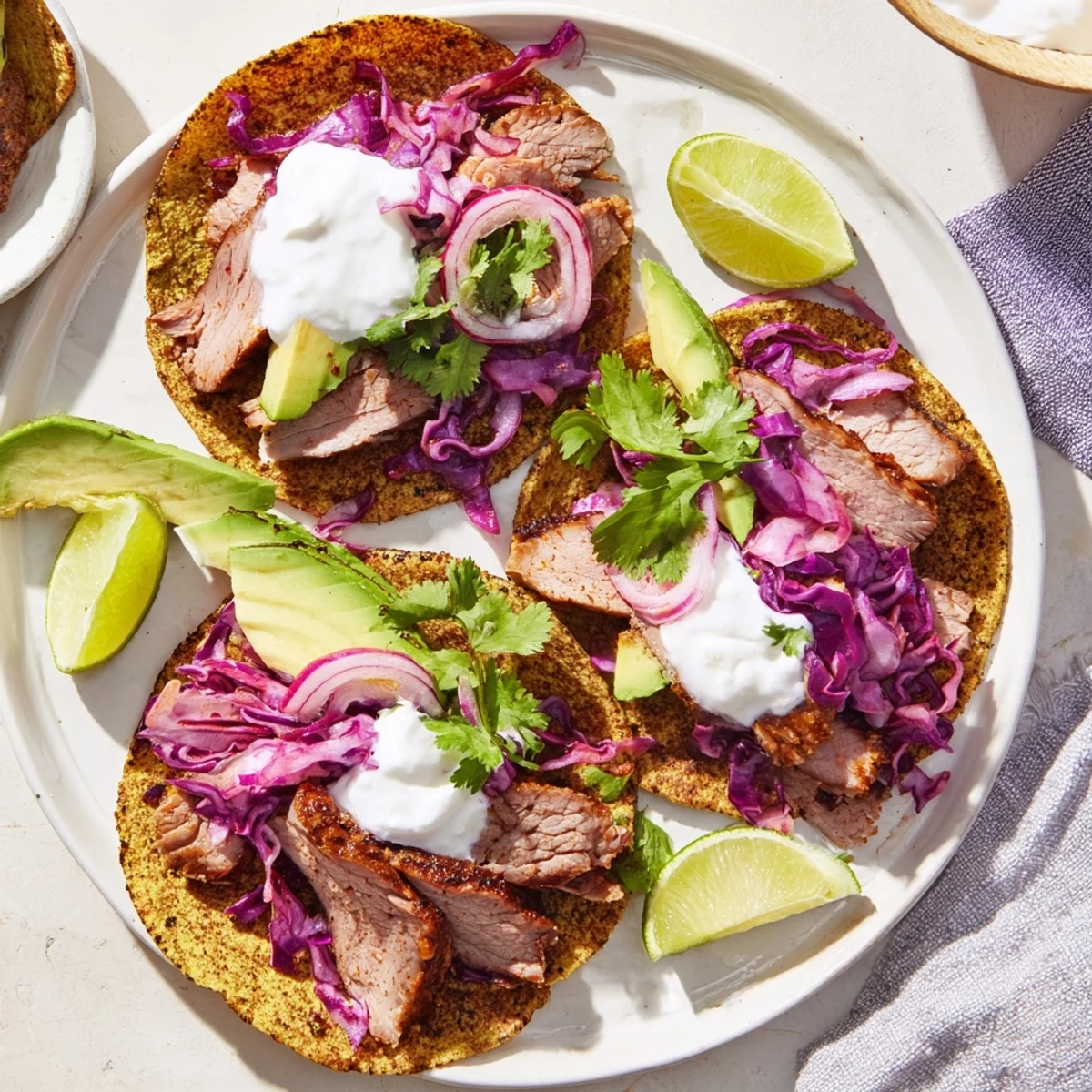 Tender roasted lamb with aromatic cumin crust served in soft tortillas with vibrant toppings