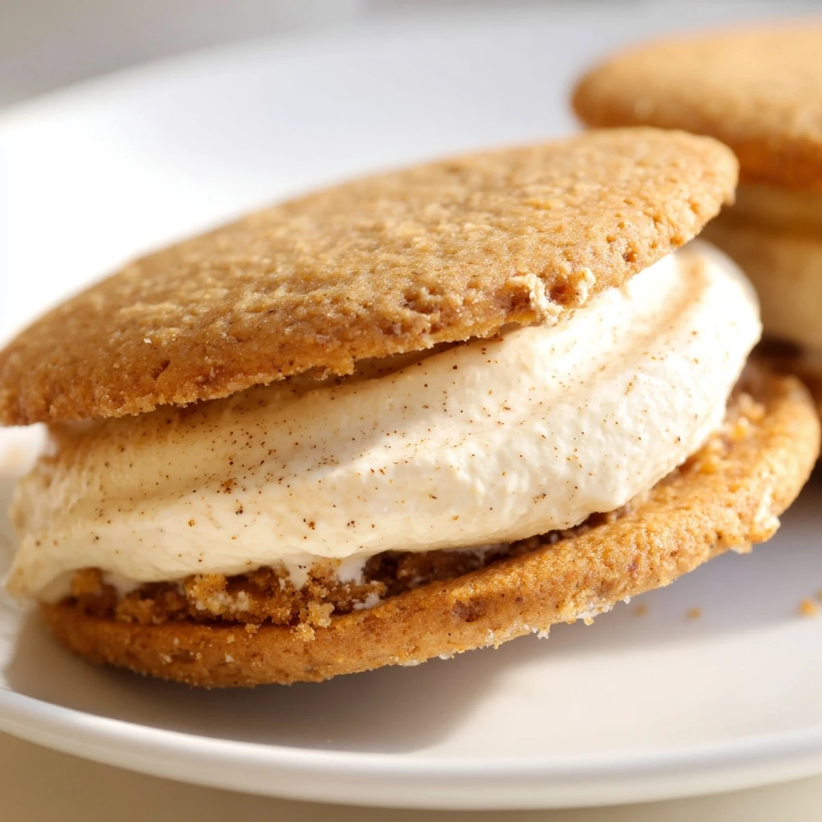Stack of warm chai shortbread cookie sandwiches dusted with powdered sugar on a white plate
