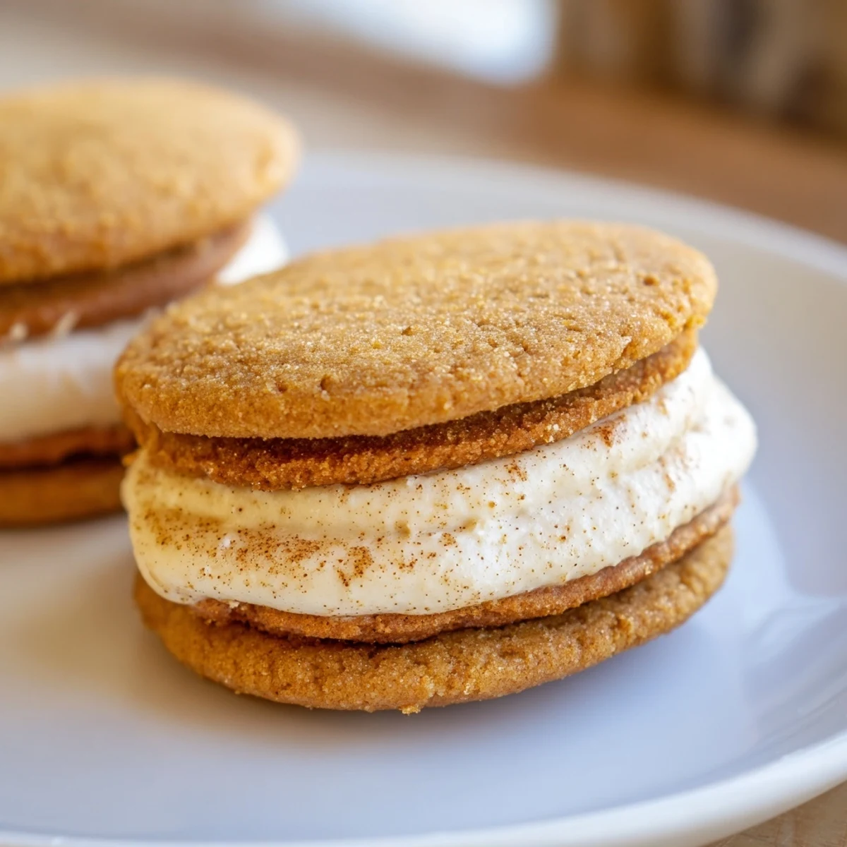 Close-up of chai shortbread cookie sandwiches filled with cinnamon-spiced cream alongside a steaming cup of tea