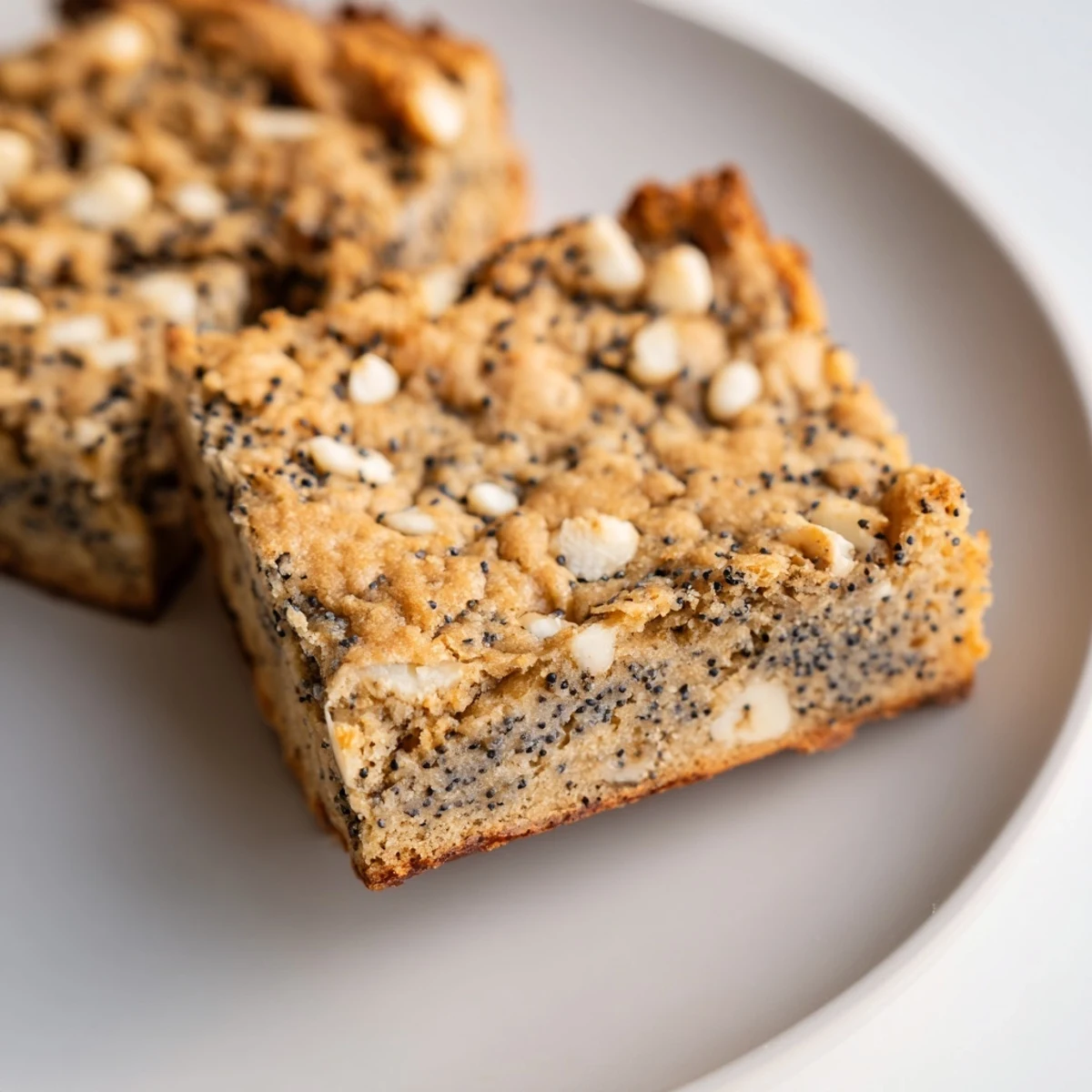 Chewy black sesame blondies speckled with toasted seeds and white chocolate chips on a white plate
