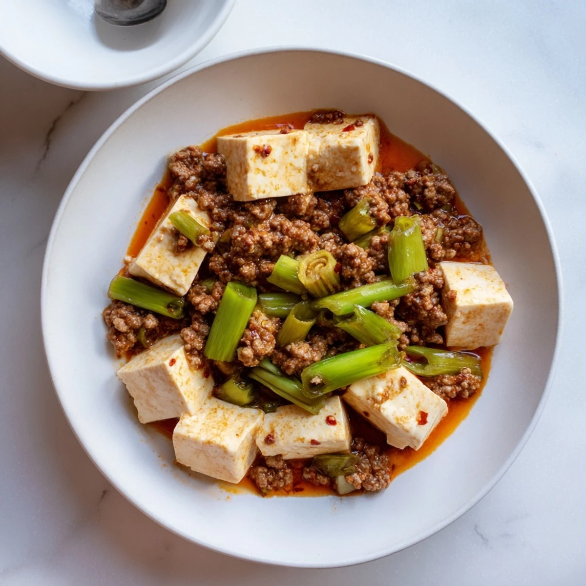 Golden Mapo Tofu featuring silky cubes swimming in spicy red Sichuan sauce with ground pork