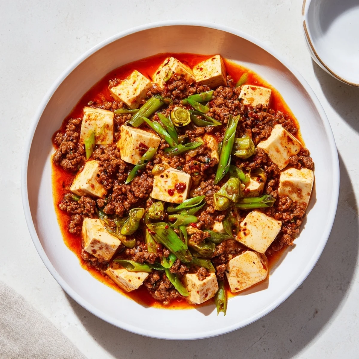 Steaming bowl of classic Mapo Tofu garnished with fresh scallions and aromatic peppercorns