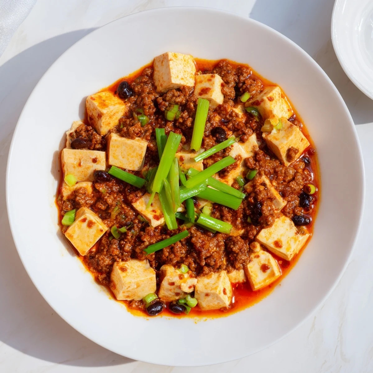 Rustic Mapo Tofu plated with fluffy white rice showcasing glossy chili-infused sauce texture