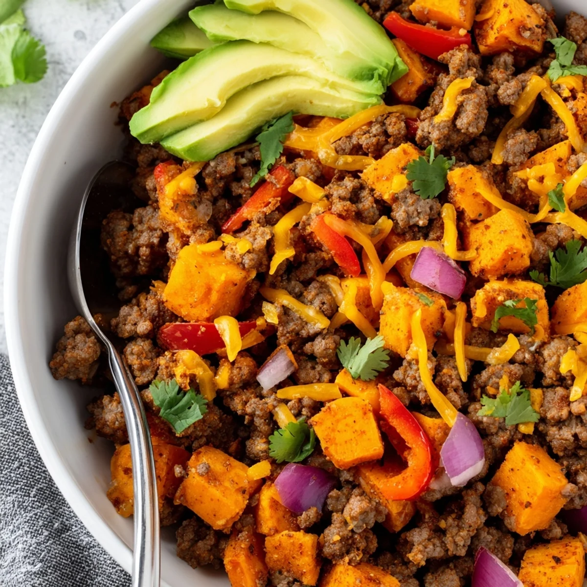 Golden Southwest ground beef and sweet potato skillet sizzling in a cast iron pan with red bell peppers and onions