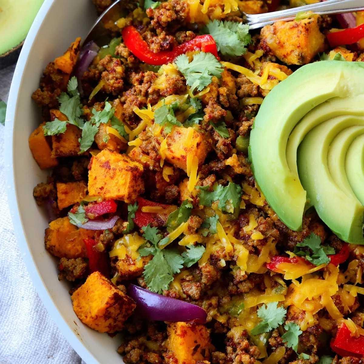 Rustic one-pan Southwest ground beef and sweet potato skillet topped with fresh cilantro and creamy avocado slices