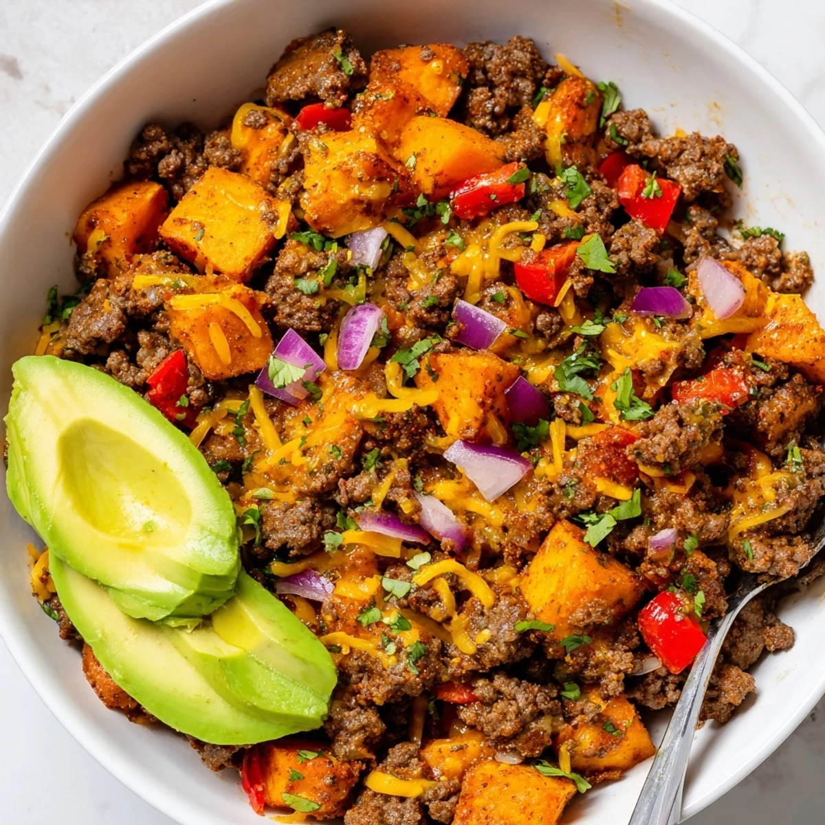 Hearty Southwest ground beef and sweet potato skillet featuring tender spiced beef and colorful vegetables in a dark skillet