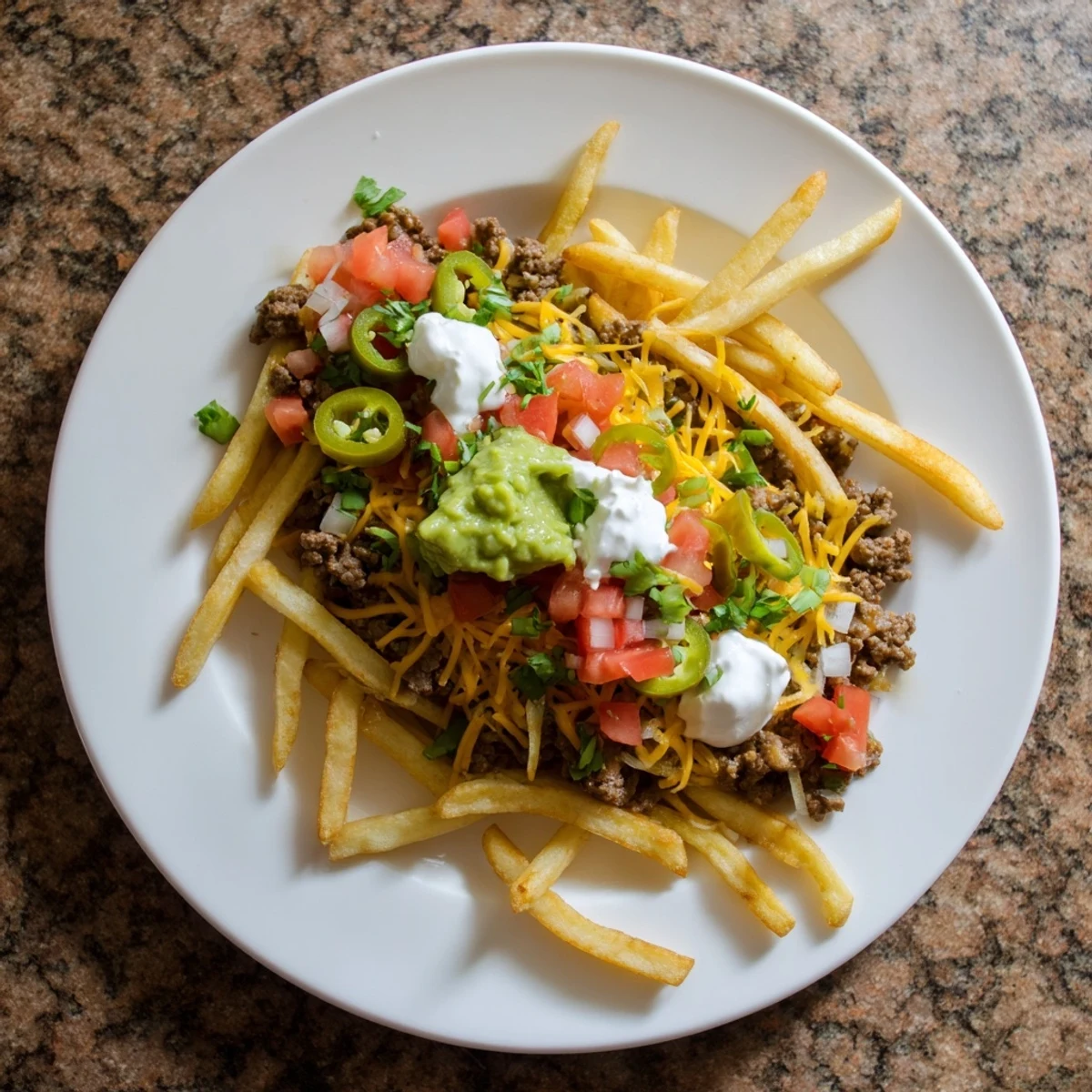 Golden crispy fries stacked with seasoned taco beef, melted cheddar jack cheese and fresh colorful toppings