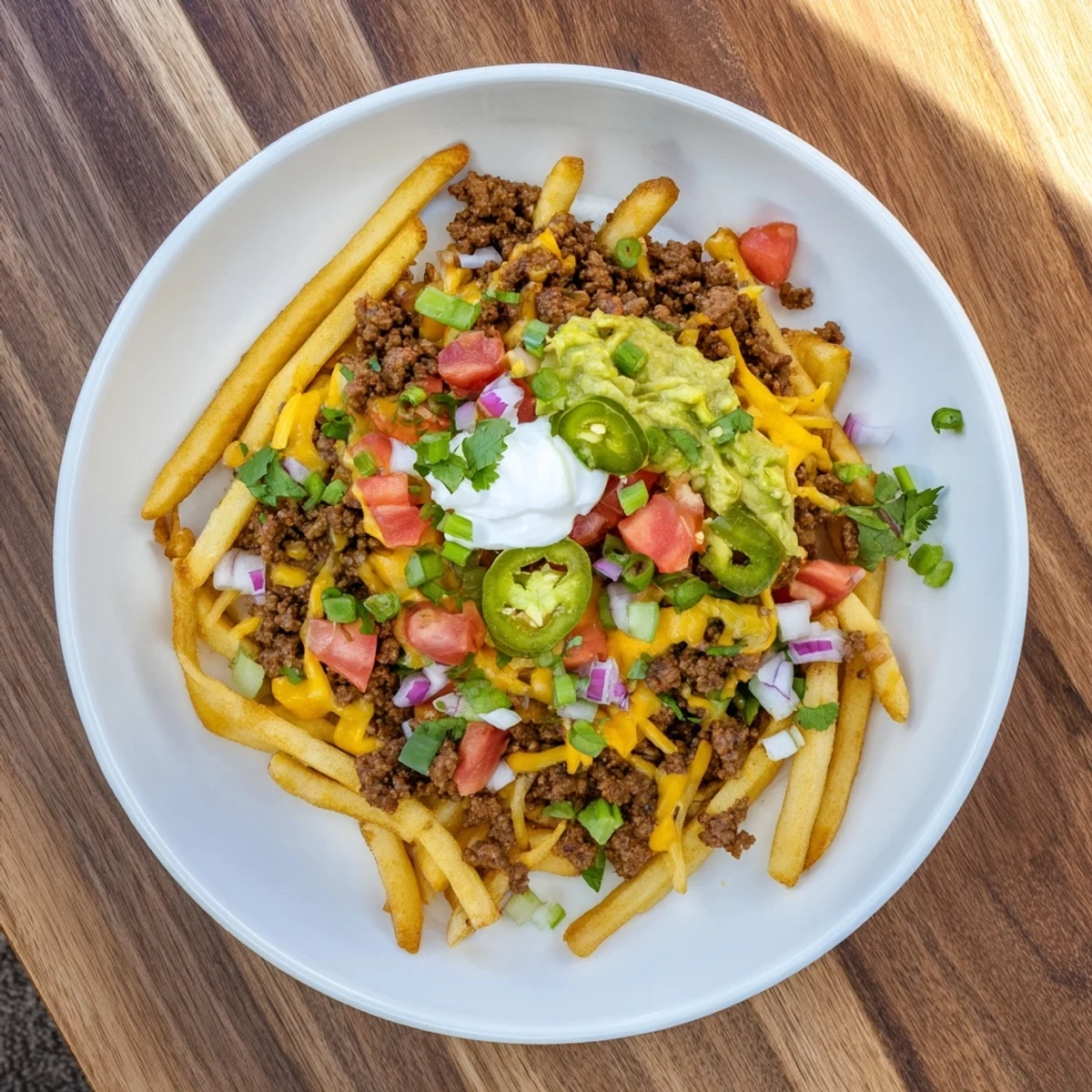 Heaping plate of taco beef loaded fries with drizzled sour cream guacamole crisp vegetables and melty cheese